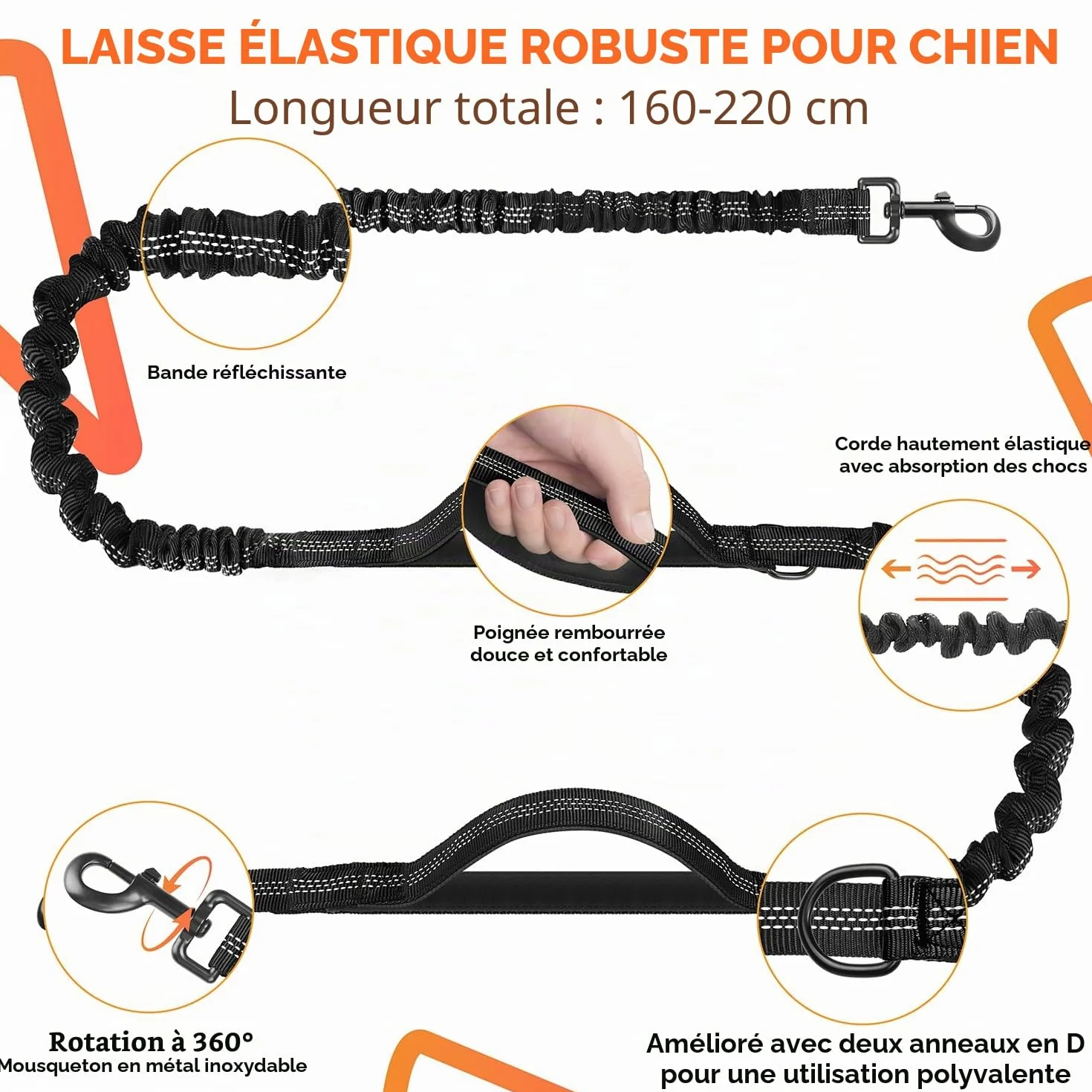 Laisse Canicross Chien Main Libre Longe Jogging Élastique 160-220cm Anti-tirons Réfléchissante Ceinture Réglable Double Poignée