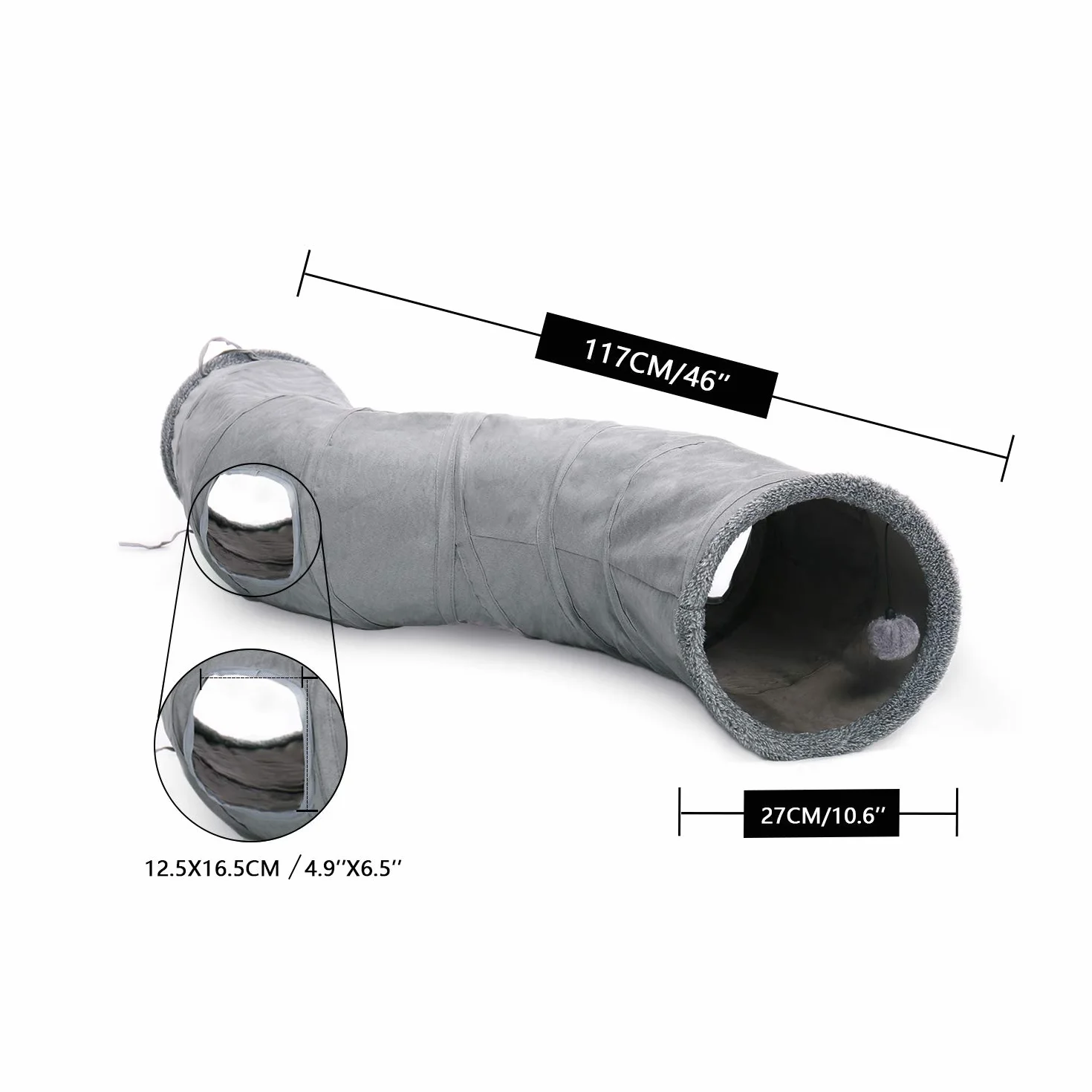 OHANA S Forme Jouet Tunnel pour Chat en Daim, Grand Tunnel a Chat Pliable avec 2 Trous et Boule Suspendue pour Chats Chatons Lapins Dia27 * 117cm