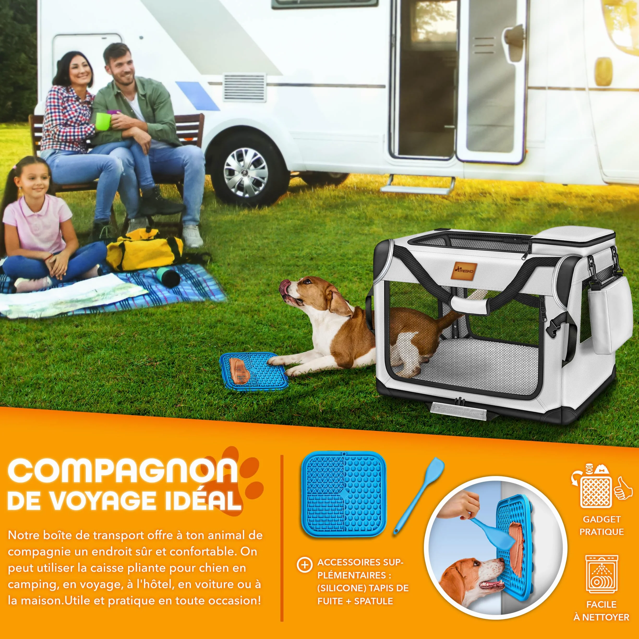TRESKO Caisse de transport pliable pour chiens et chats, taille M, 61 x 42 x 42 cm, gris