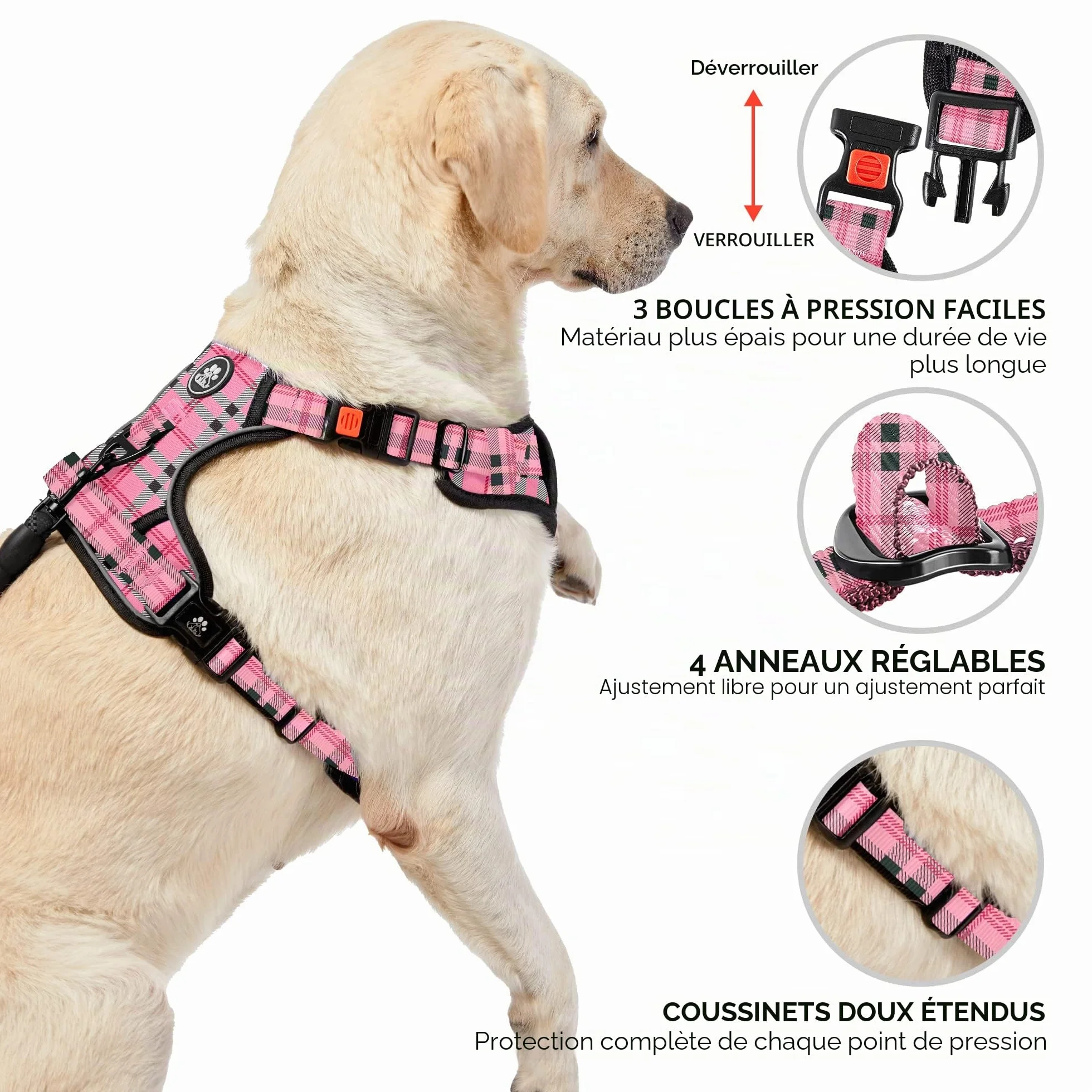 NESTROAD Harnais Anti Traction Chien Moyen Rose Plaid Taille M 33~43CM 43~64CM