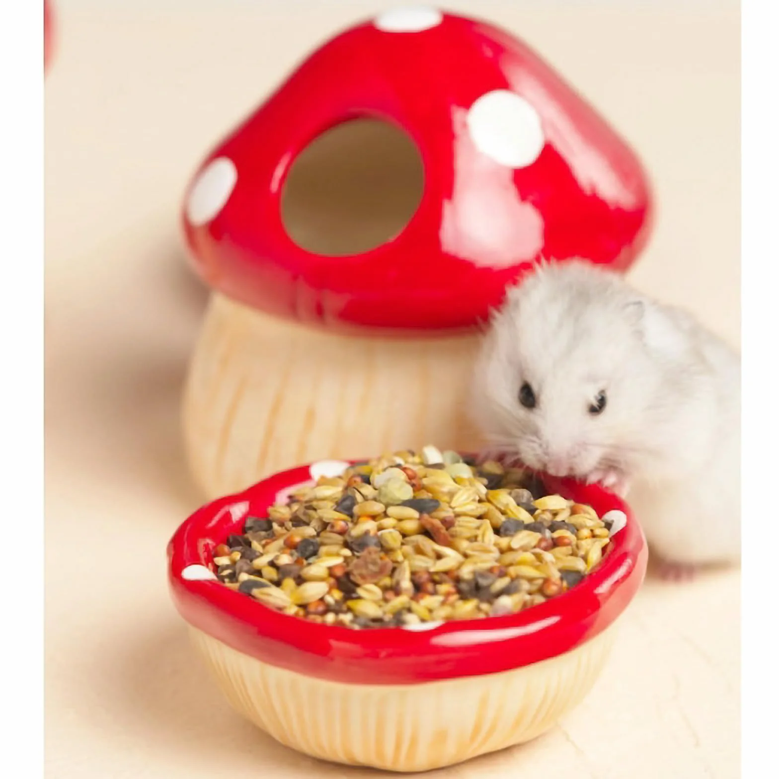 Maison de Hamster en Céramique, Cachette Champignon avec Gamelle, Refuge Frais pour Hamsters Nains, Gerbilles, Souris et Hamsters Dorés (Pet Nest+Pet Bowl)