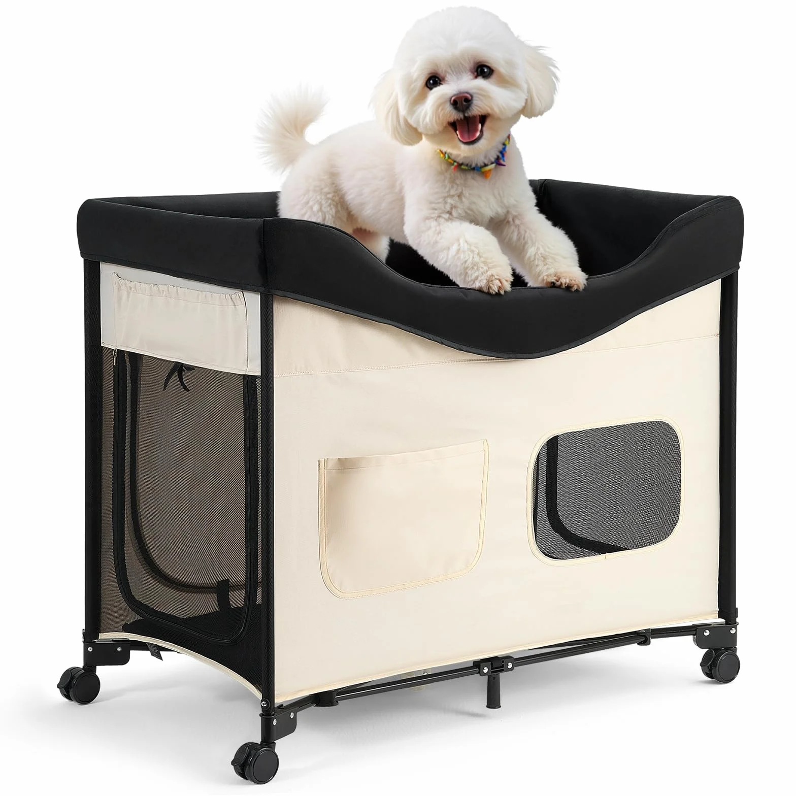 VEVOR Lit Surélevé pour Chiens Chats Pliable, Tissu Oxford 600D Velours Hollandais, Roues Pochettes Latérales, Taille XL Beige