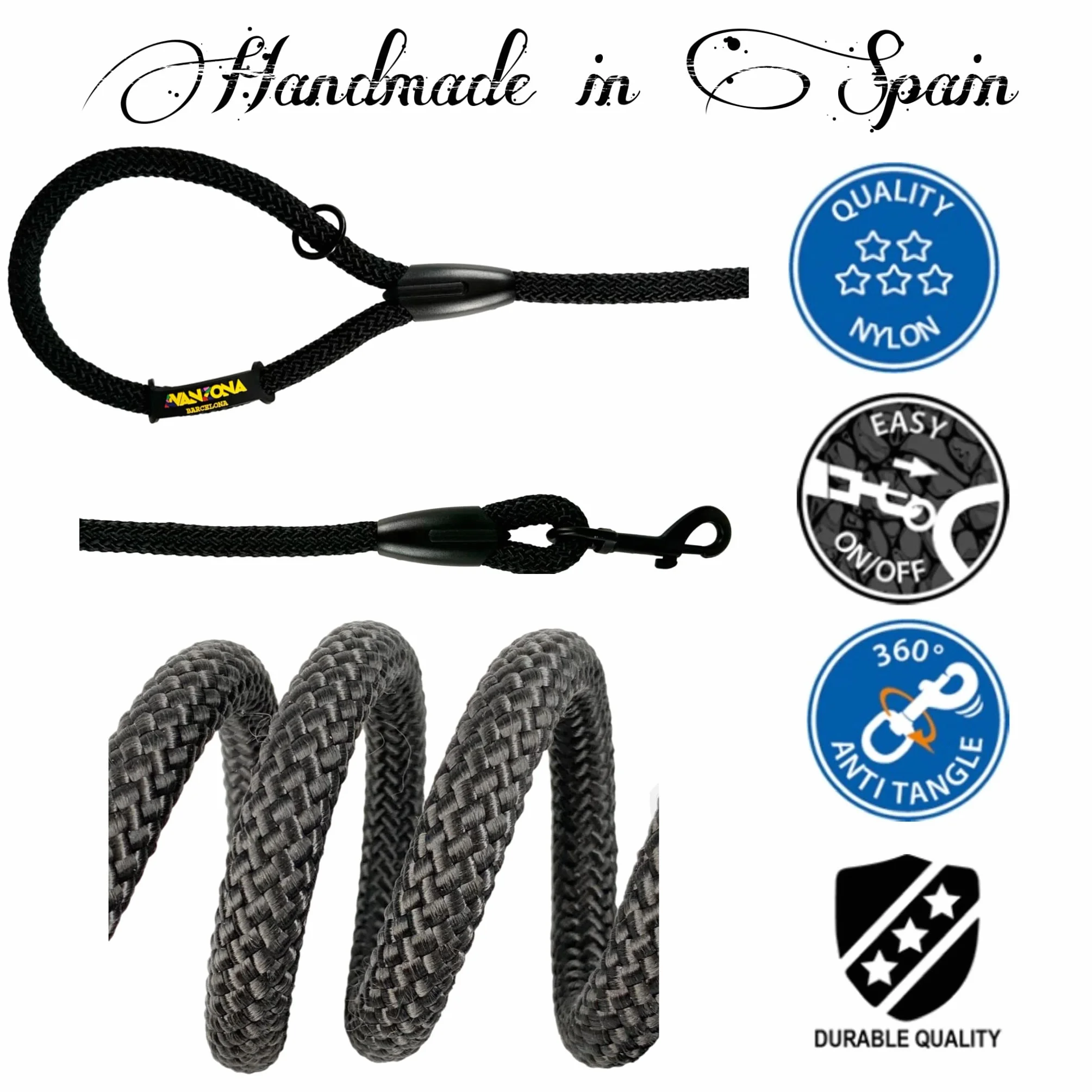 Laisse Courte en Corde 60cm Anti-Traction pour Chiens Noir Fabriqué en Espagne