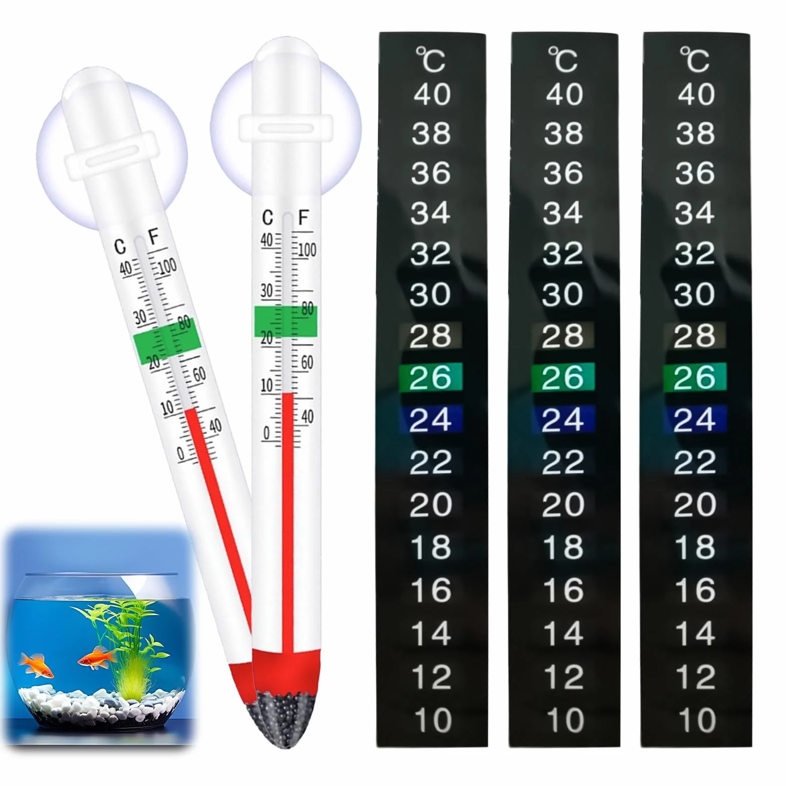 Thermomètre Aquarium Autocollant 2 Pièces + 3 Pièces, Mesure Précise, Affichage Clair, pour Tortues Poissons
