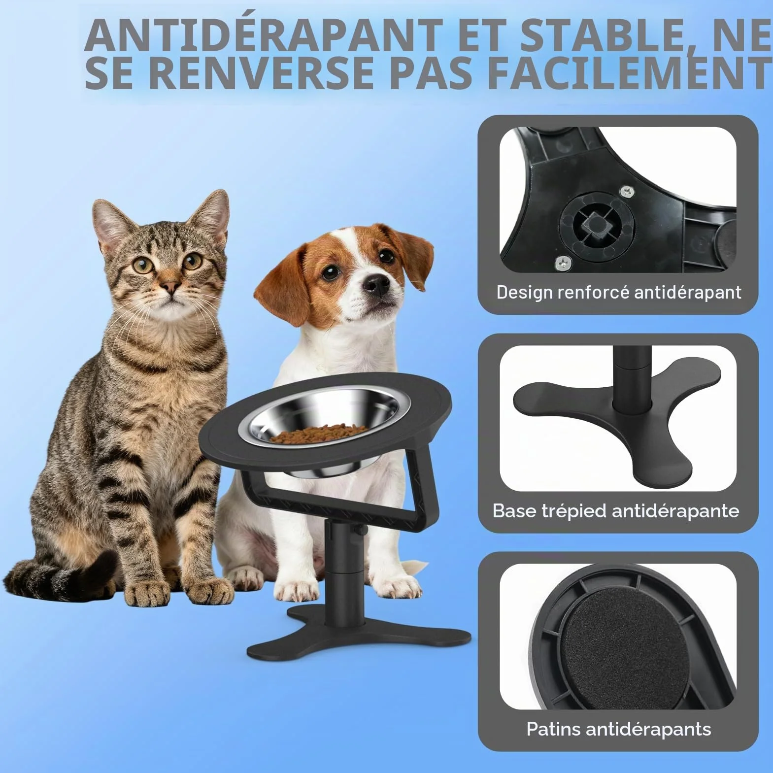 Bol surélevé pour Chat avec Support inclinable à 15°, Hauteur Ajustable 6/10/15 CM, Bols en Acier Inoxydable, Support antidérapant