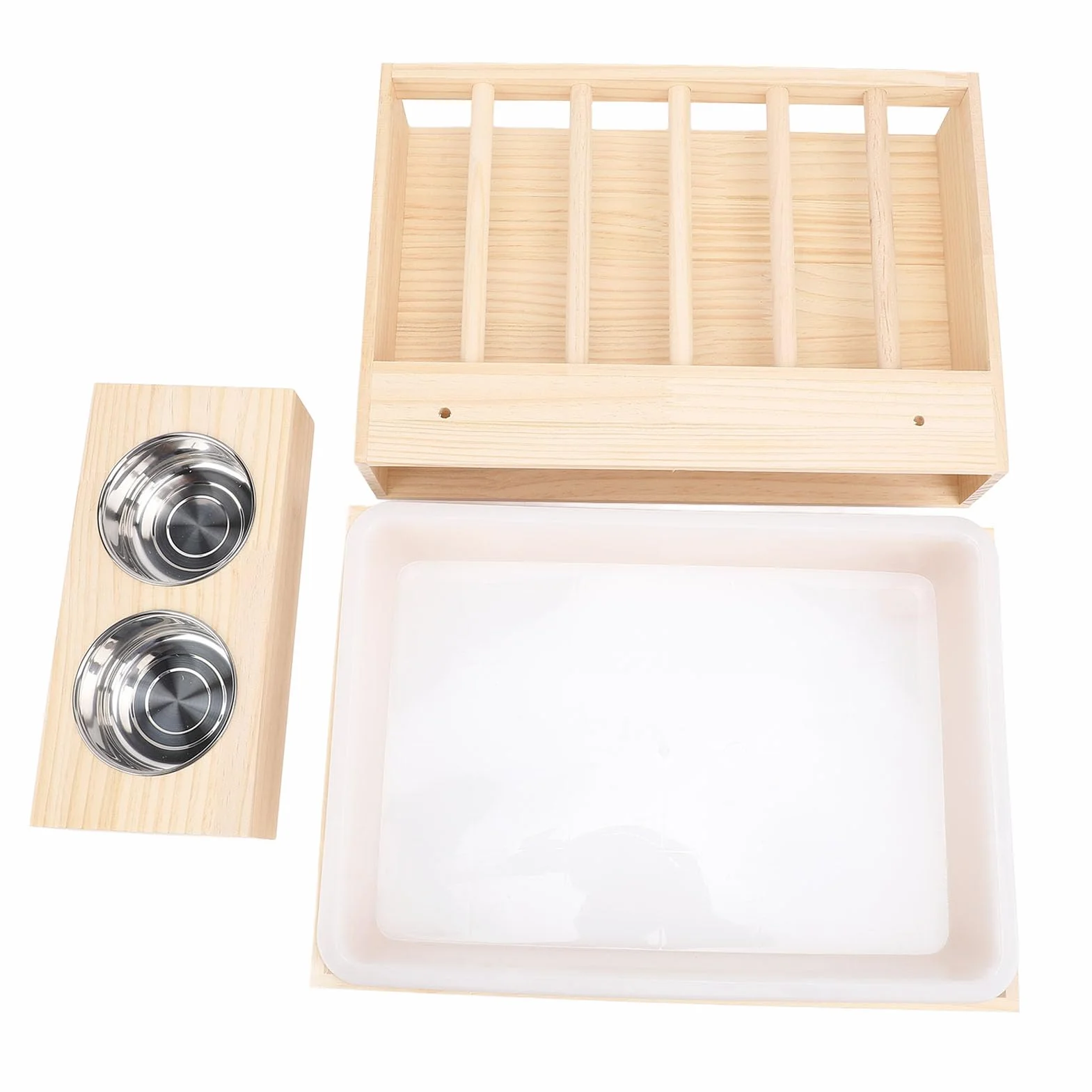 Grand Support en Bois pour Lapins avec 2 Bols, Mangeoire WC Litière Combo