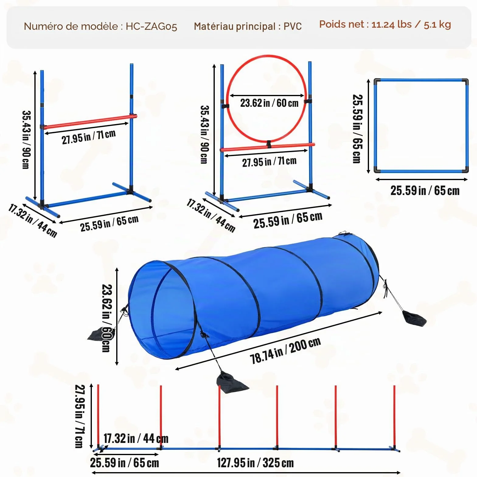 VEVOR Équipements d'Entraînement Agilité pour Chien, Ensemble 5PCS, Parcours Obstacles pour Chiot, avec Haies Hautes Réglables, 6 Poteaux, Tunnel, Anneau de Saut, Boîte de Pause, Sifflet, Bol Pliable