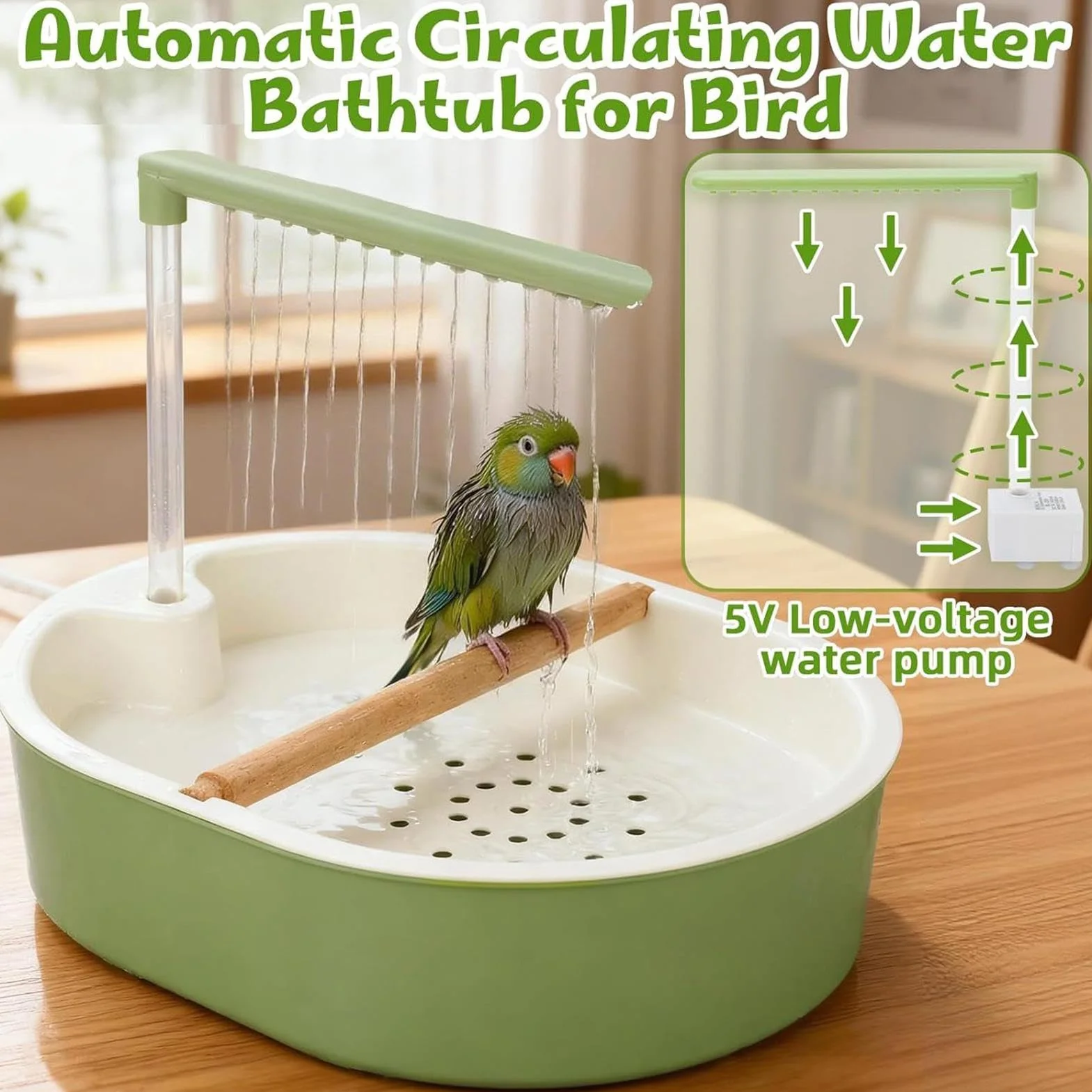 Douche pour Perroquet Automatique avec Eau en Circulation, Pompe Silencieuse et Chargement USB