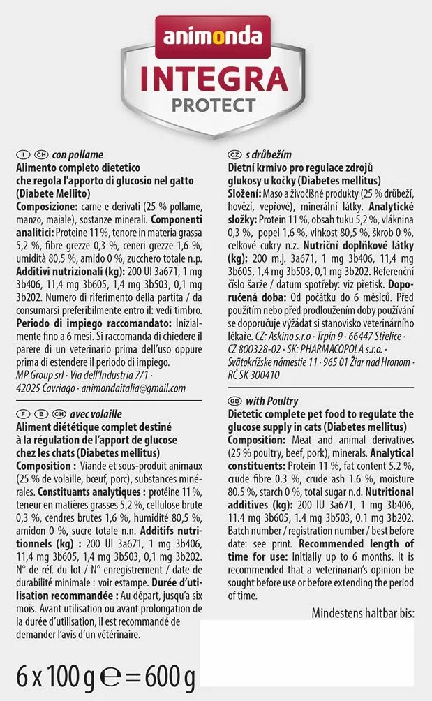 animonda INTEGRA PROTECT Nourriture pour chat humide diabète volaille (6 x 100 g), recommandée par le vétérinaire en cas de diabète sucré, aliment diététique développé avec des vétérinaires pour chats