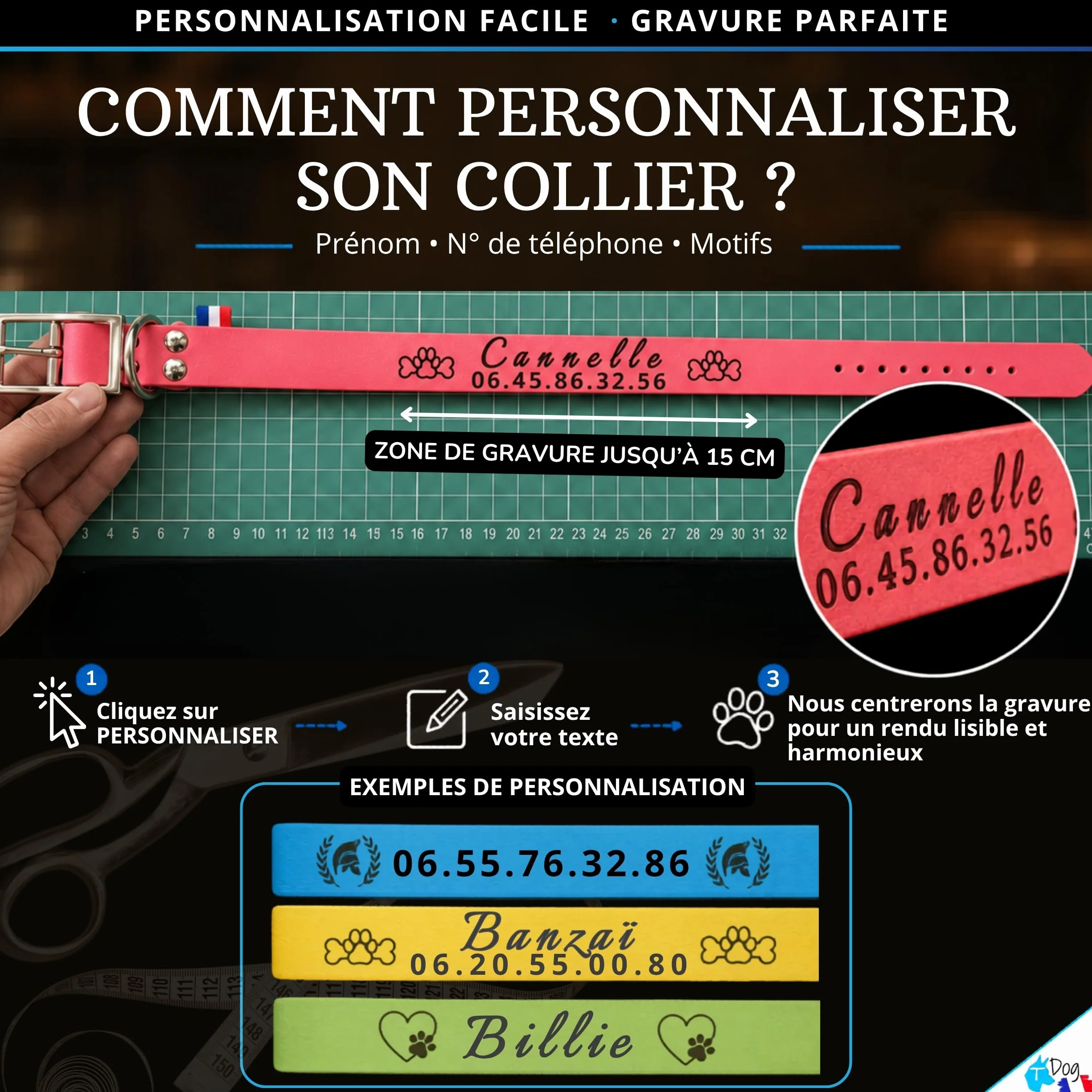 Collier Chien personnalisé Biothane Fait Main France gravé au Laser prénom numéro téléphone étanche résistant TDOG Rouge