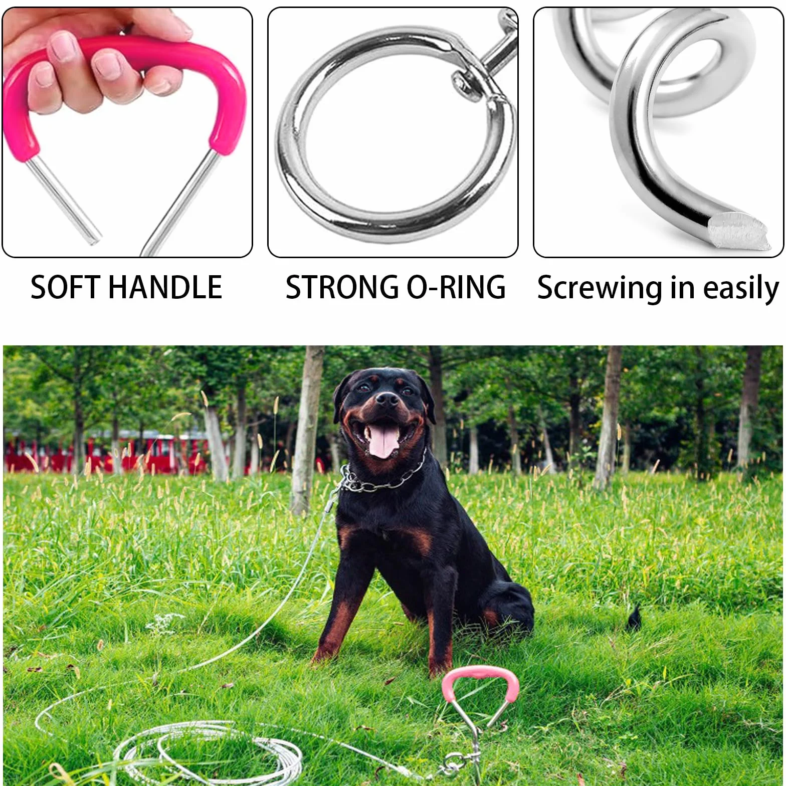 3 m Laisse pour Chien avec 42 cm Ancrage au Sol, 6 mm Câble d'attache Chiens Petite Medium Grande avec Crochet Pivotant, Jusqu'à 250 kg, PVC Coated, Anti-Morsure, Chaîne Chien Extérieur (3m Rose)