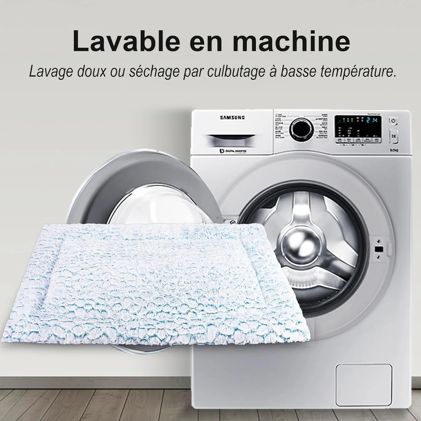 Tapis Chien Court en Peluche pour Chiens de Moyen Taille, Matelas Chien, 94 x 61 cm, Bleu