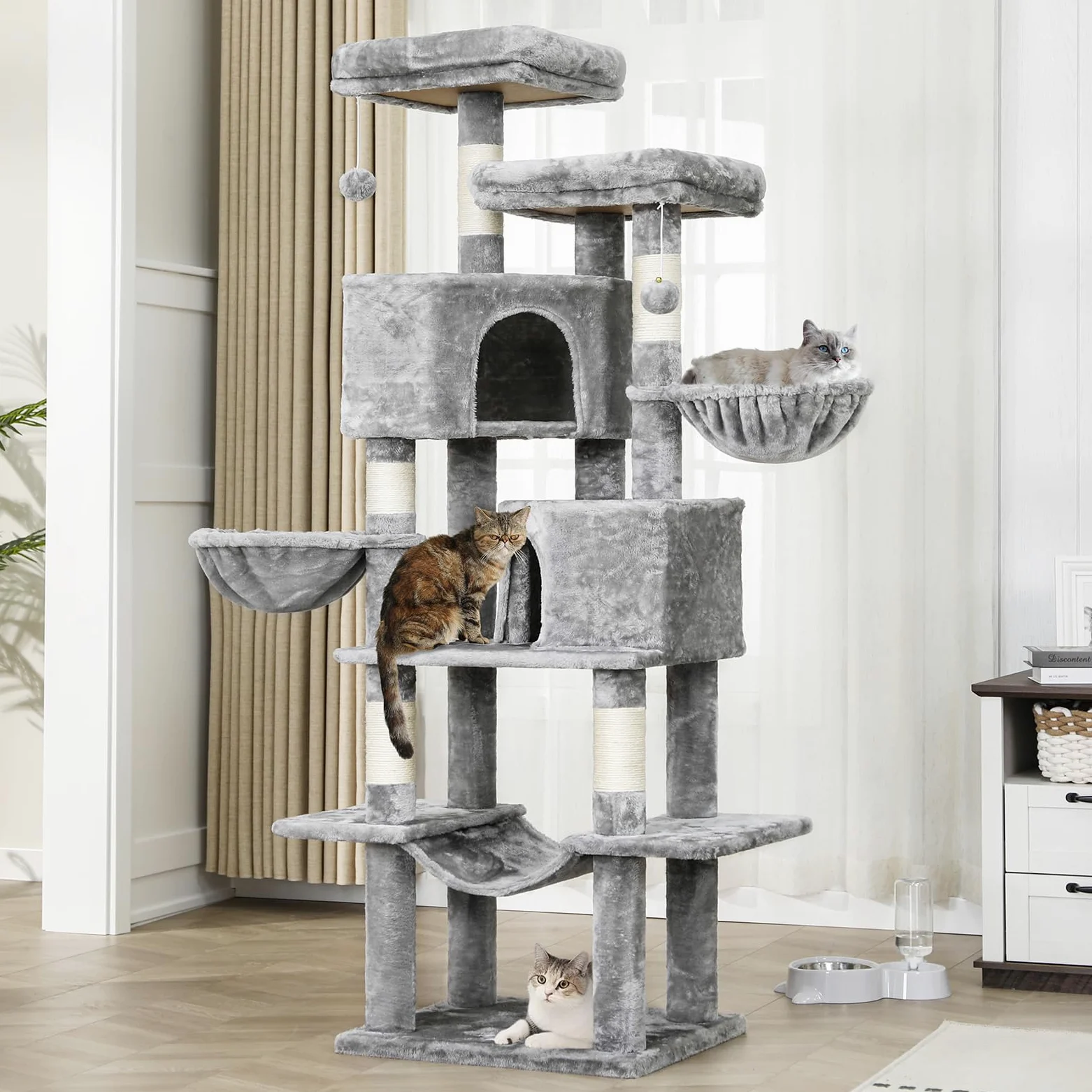 MSmask Arbre à Chat Stable de 180 cm, Tour de Jeux Chats avec 5 Poteaux en Sisal, 2 Grandes Plate-Formes, 2 Niches, 2 Paniers, Hamac, Centre d’Activités Multiniveau en Peluche, Gris Clair