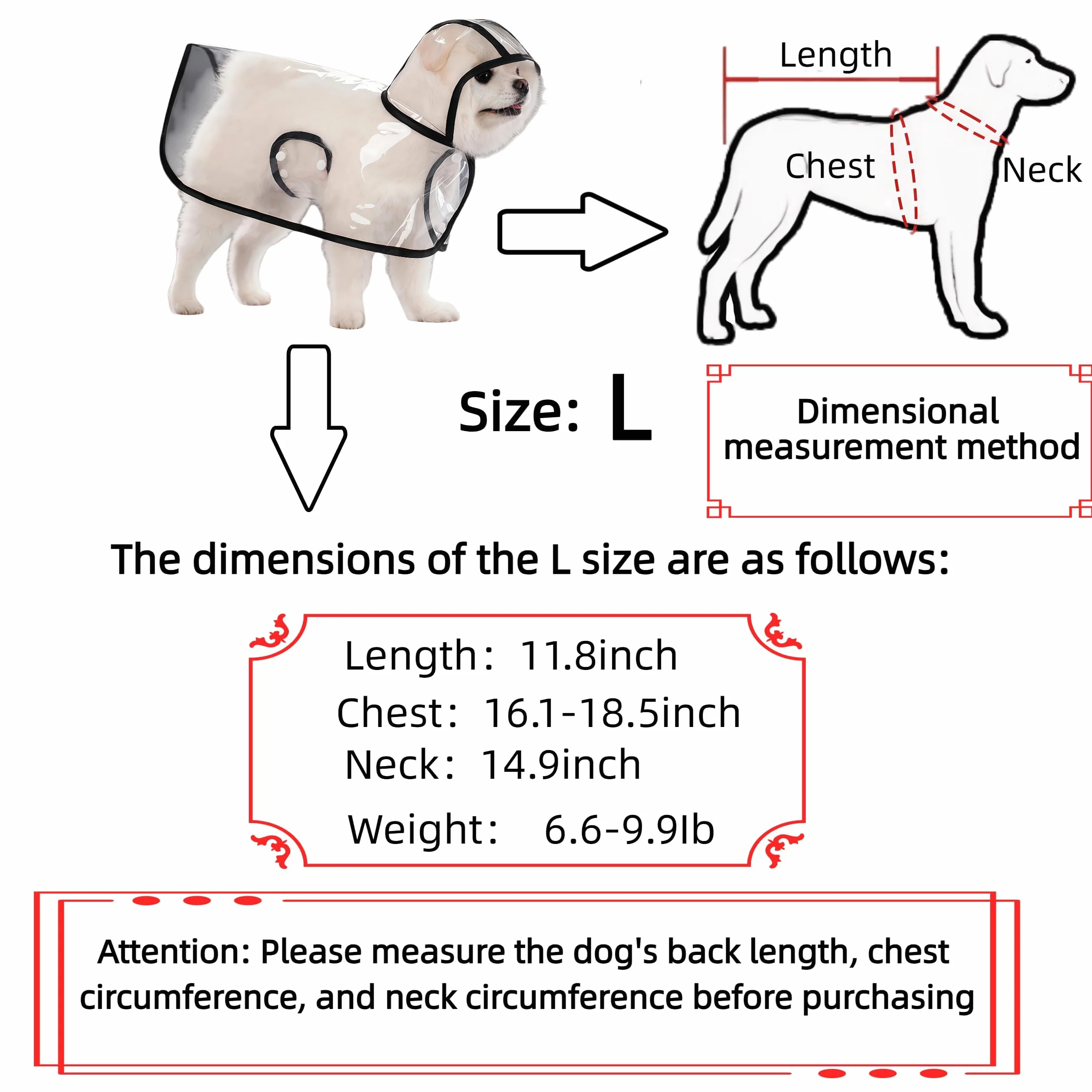 Poncho de Pluie en PVC Transparent Imperméable pour Chien avec Capuche, Taille L