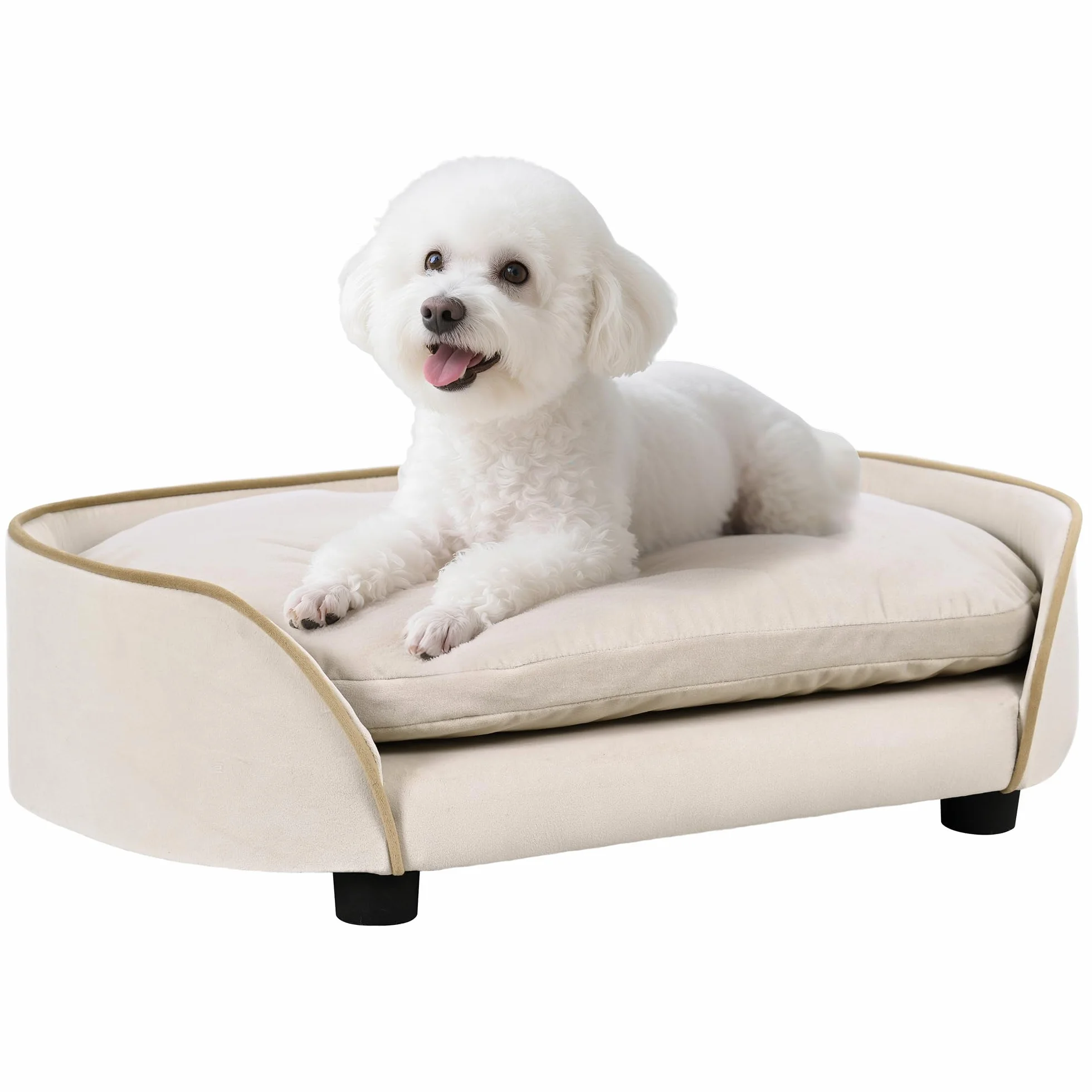PawHut Canapé pour Chien avec Coussin Amovible et Housse Lavable, Velours, 66 x 43 x 19,5 cm, Beige