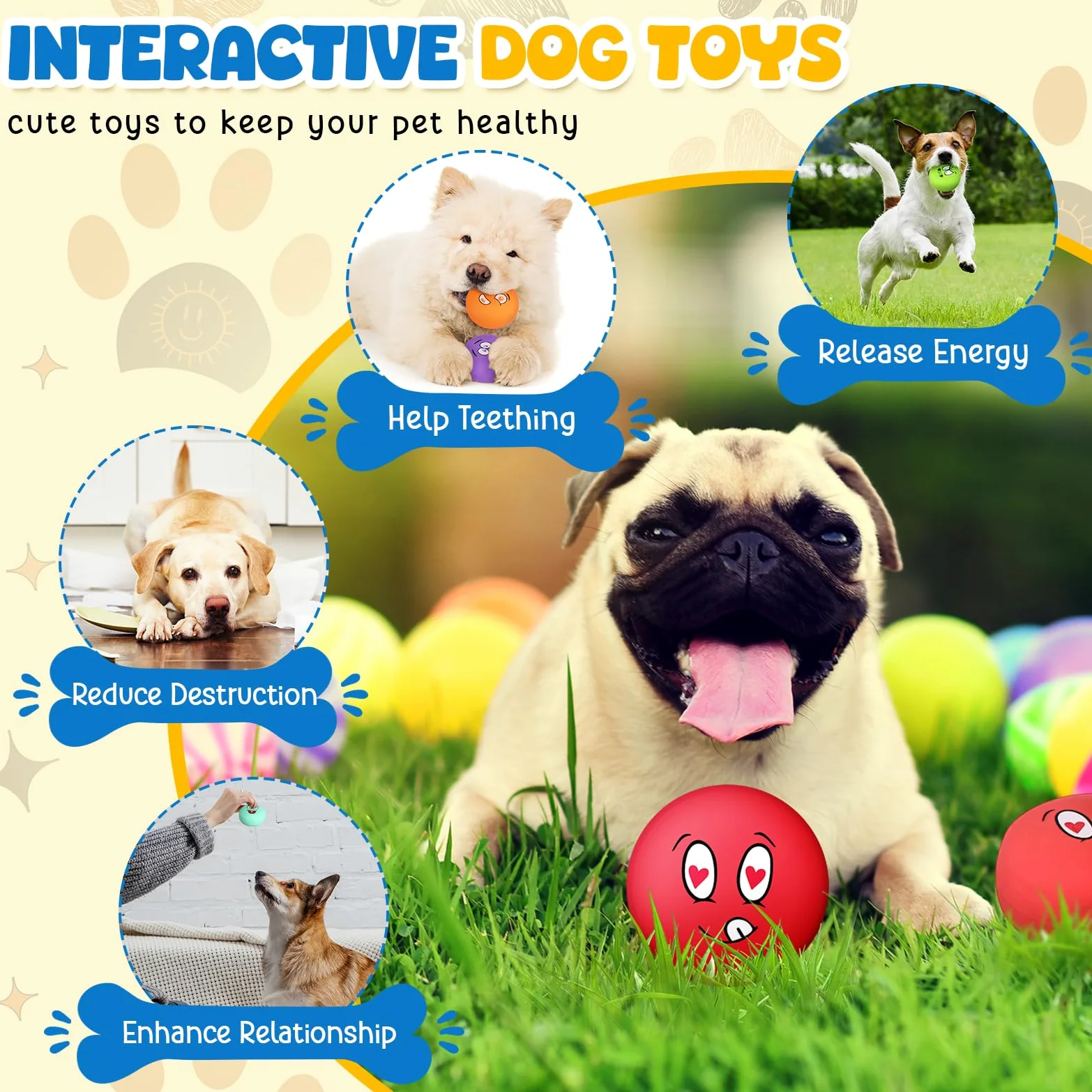 Hungdao Lot de 40 jouets couineurs interactifs pour chiens de petite taille en caoutchouc latex souple avec visage amusant pour dressage de chiens de petite taille