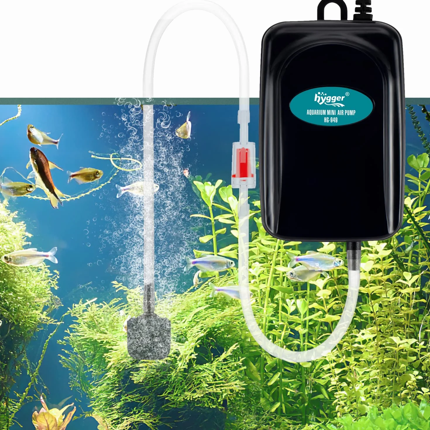 Hygger Pompe à Air Aquarium Silencieuse Réglable 1-75 L avec Tuyau et Pierre à Gazéifier 1W