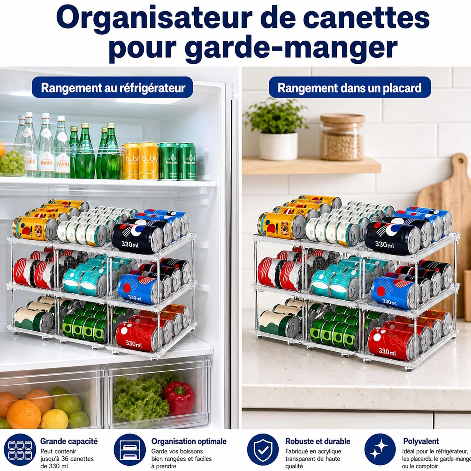 Organisateur de Canettes & Boîtes de Conserve pour Garde-Manger – Distributeur 3 Niveaux Empilable pour Placard Cuisine & Frigo – Rangement Ajustable pour Conserves, Sodas & Pâtée Chat