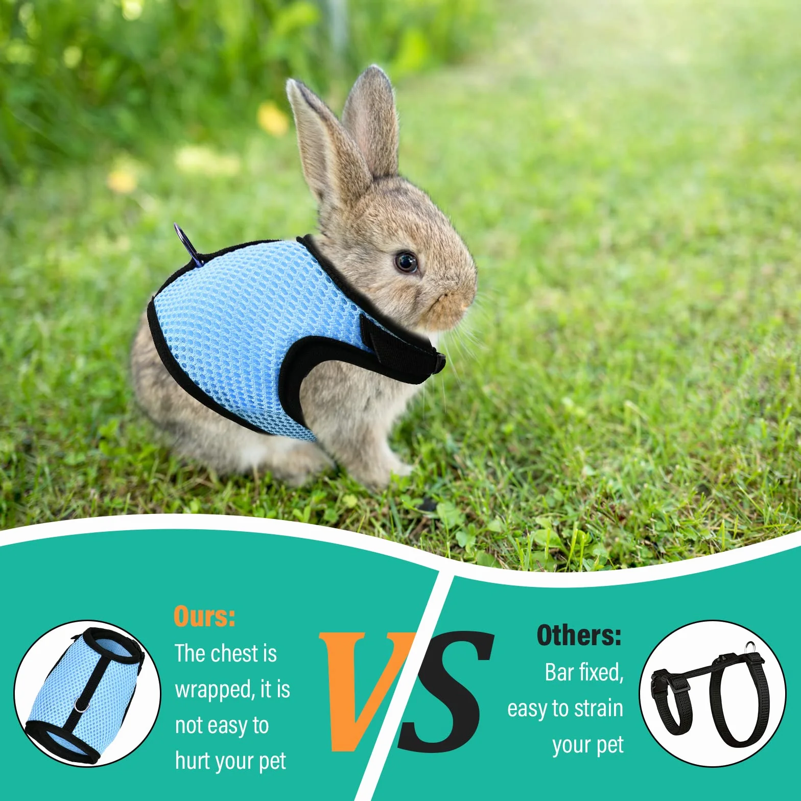 Harnais Lapin Réglable, Laisse Élastique Gilet Souple avec Corde de Traction pour Lapins et Cochons d'Inde (Bleu, S)