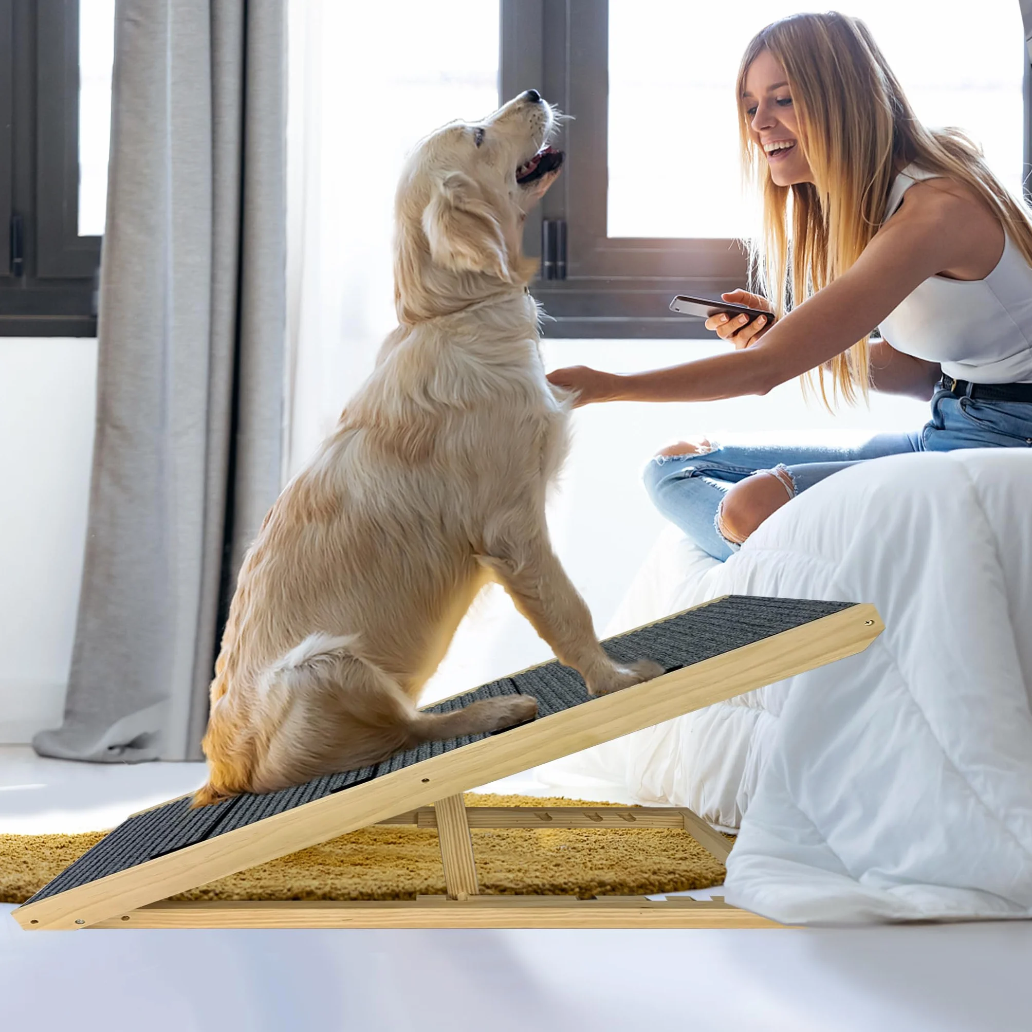 Escalier pour chien pliable en bois avec tapis antidérapant 100 cm pour petits chiens et chats