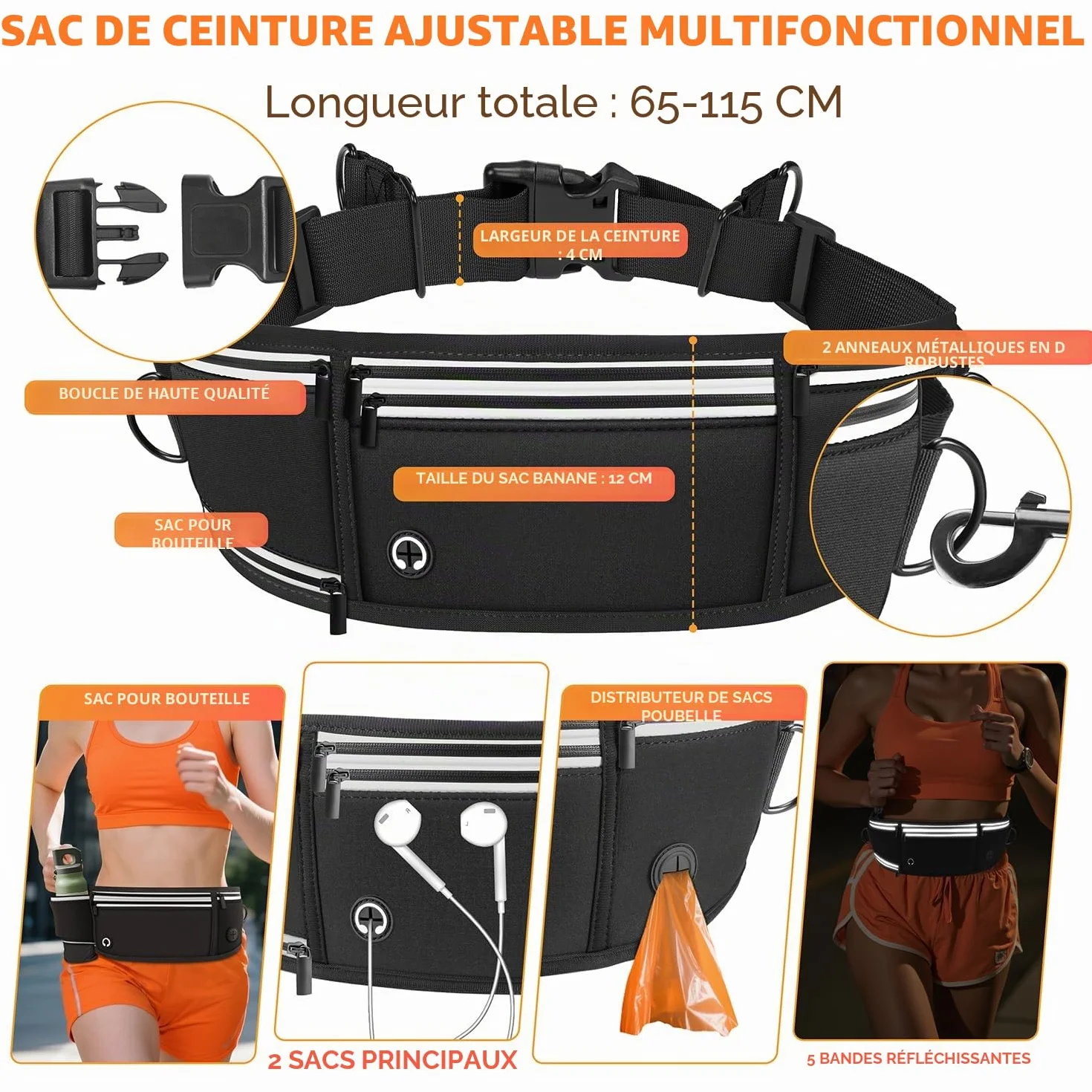 Laisse Canicross Chien Main Libre Longe Jogging Élastique 160-220cm Anti-tirons Réfléchissante Ceinture Réglable Double Poignée