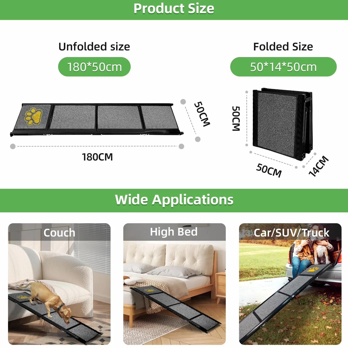 Rampe pour chien pliable extra longue 180 cm avec surface de tapis antidérapante pour petits, moyens et grands chiens - Rampe portable pour voiture, SUV, camion, canapé et lit