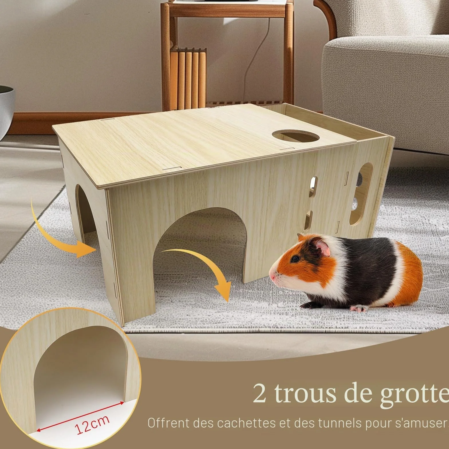 Maisonnette avec Mangeoire à Foin pour Lapin, 2 en 1 Cabane Cochon d'Inde en Bois pour Petits Animaux