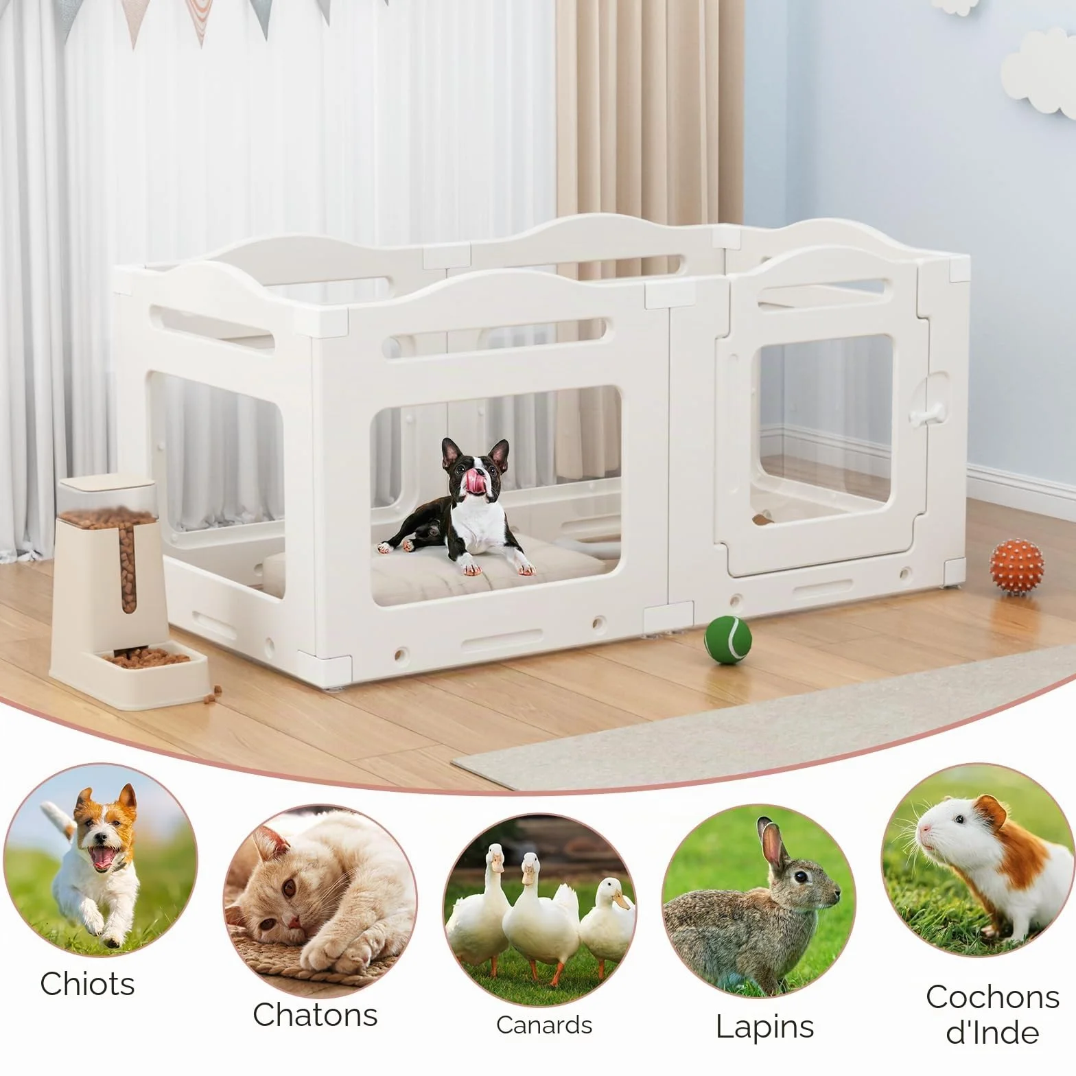 Clevich Enclos pour Chien en Acrylique 129 × 68 × 60 cm, 5+1 Panneaux avec Porte à Verrou, Pliable, Blanc