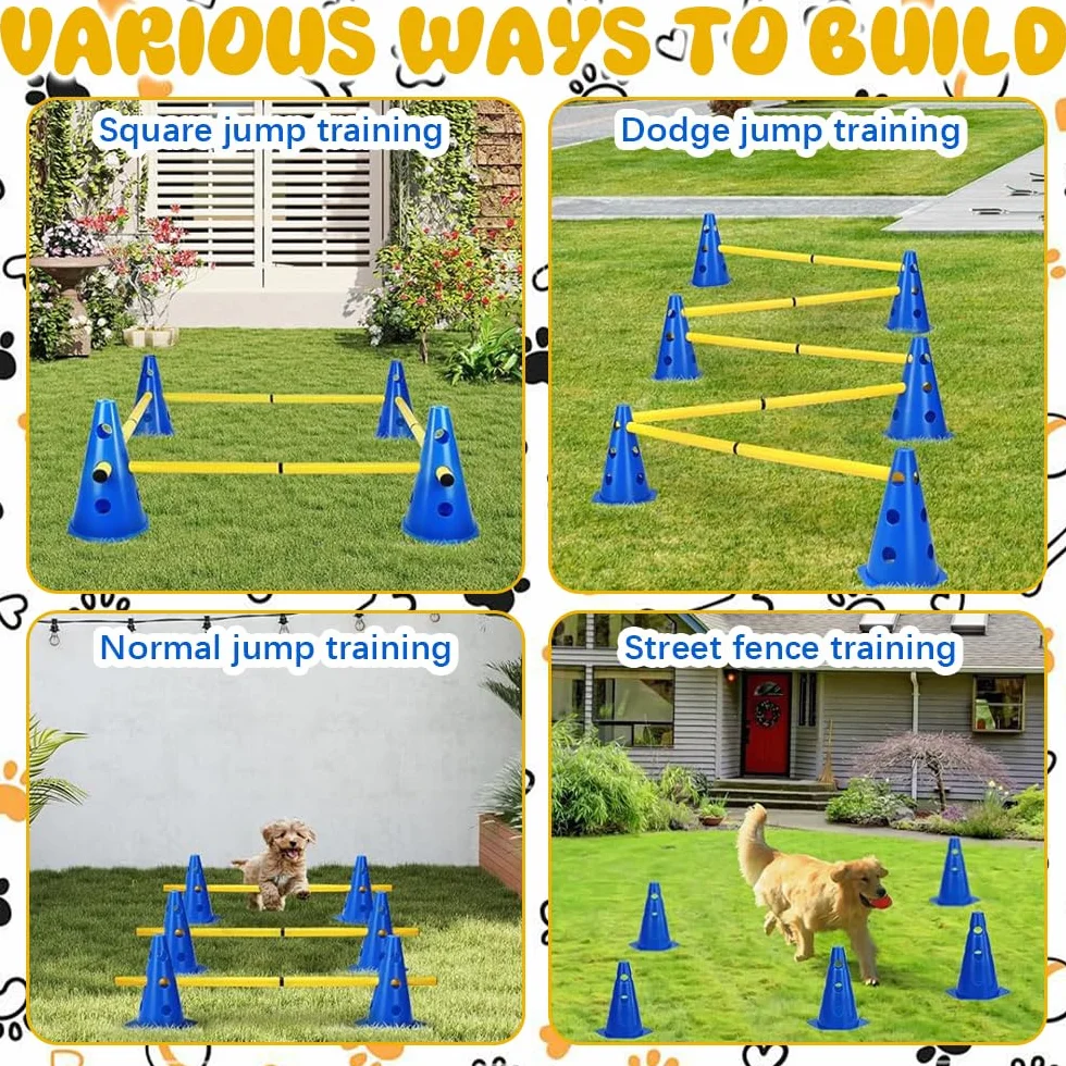 Agility Kit d'Obstacles pour Chiens et Enfants, Ensemble de Barrières Enfichables, 8 Cônes 23 cm + 4 Barres 81 cm