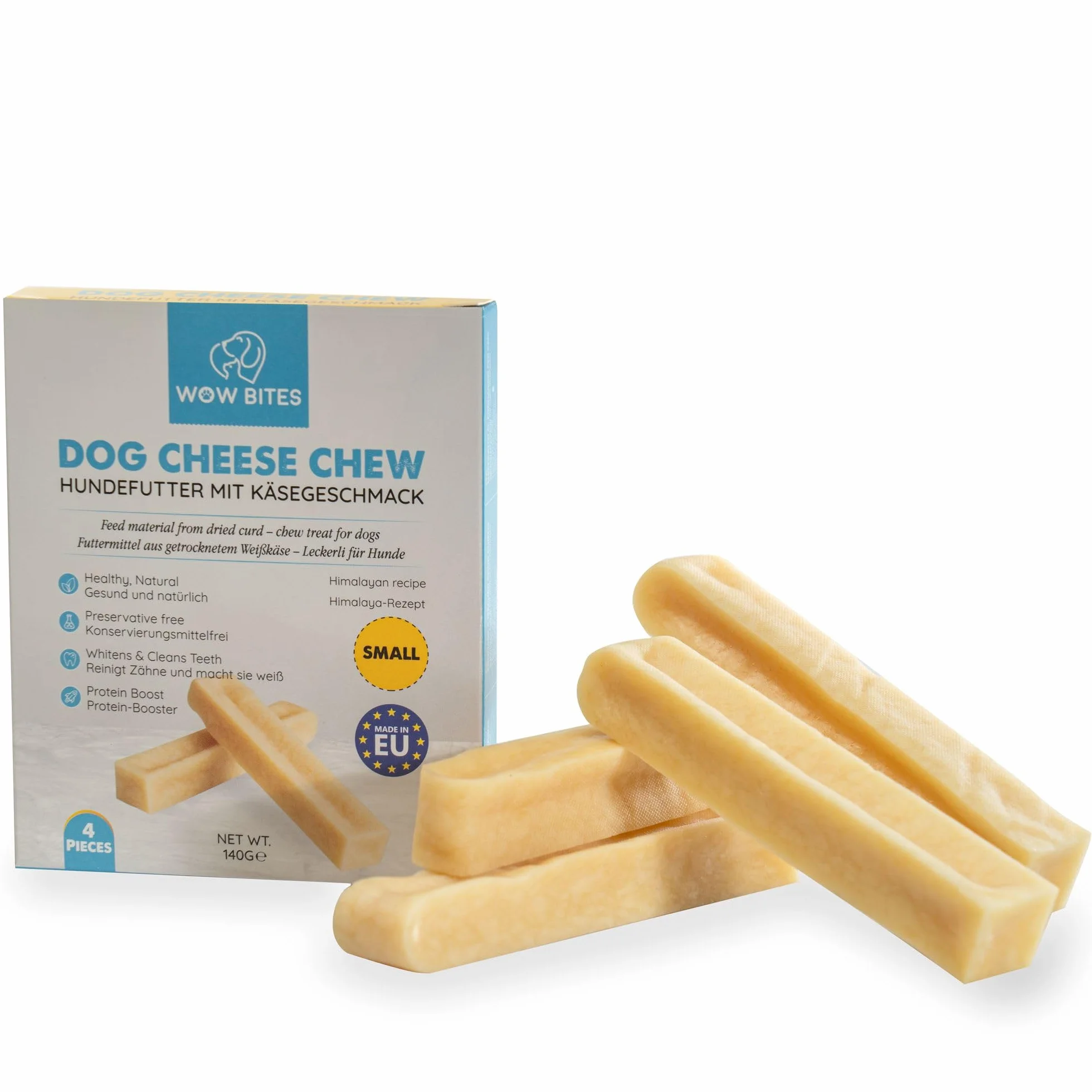 WOW BITES Os à mâcher au Fromage pour Chiens – Friandises Longue durée Lait Naturel 140 g Lot de 4 Taille S