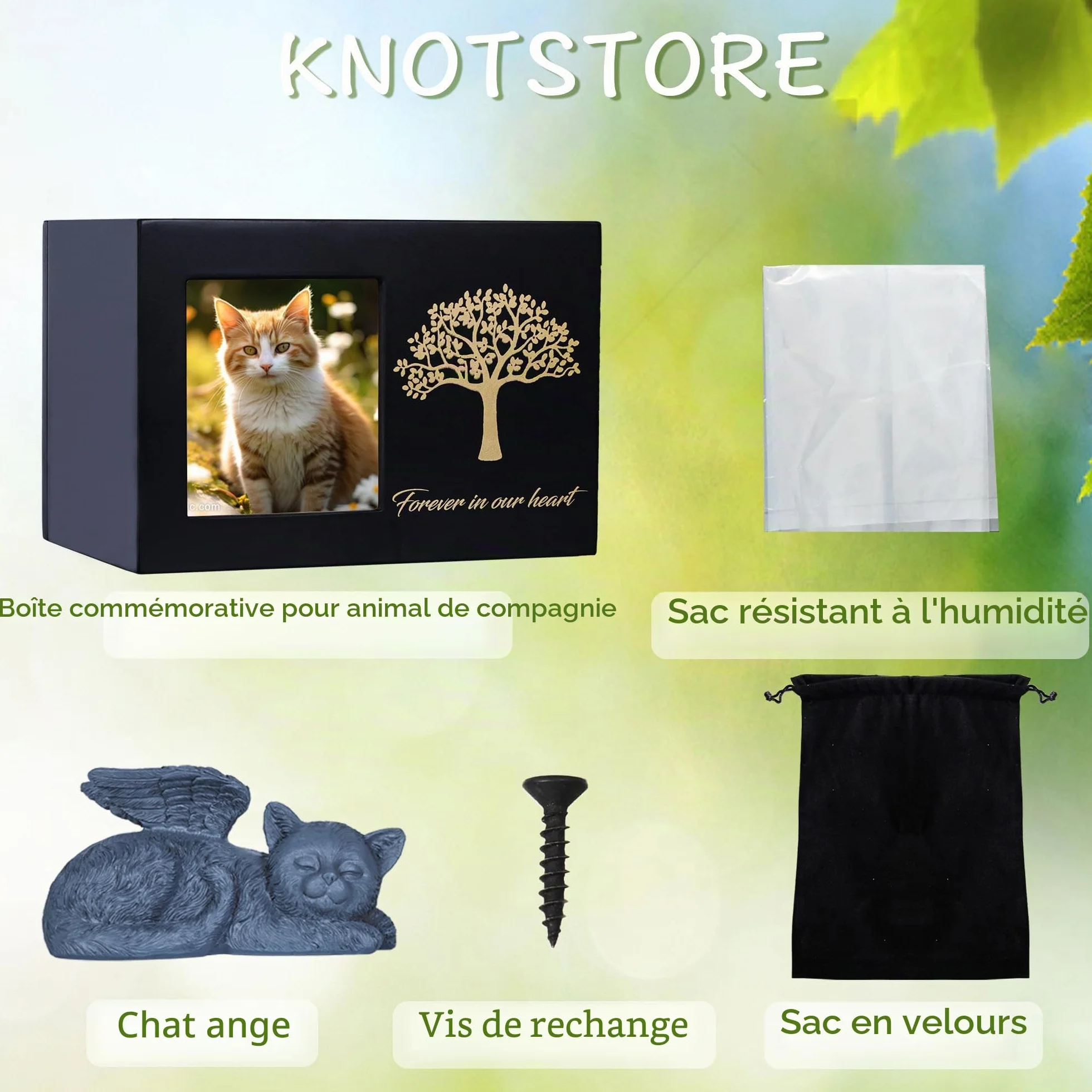 Urne pour chat en bois avec statue de chat en résine et pochette en velours