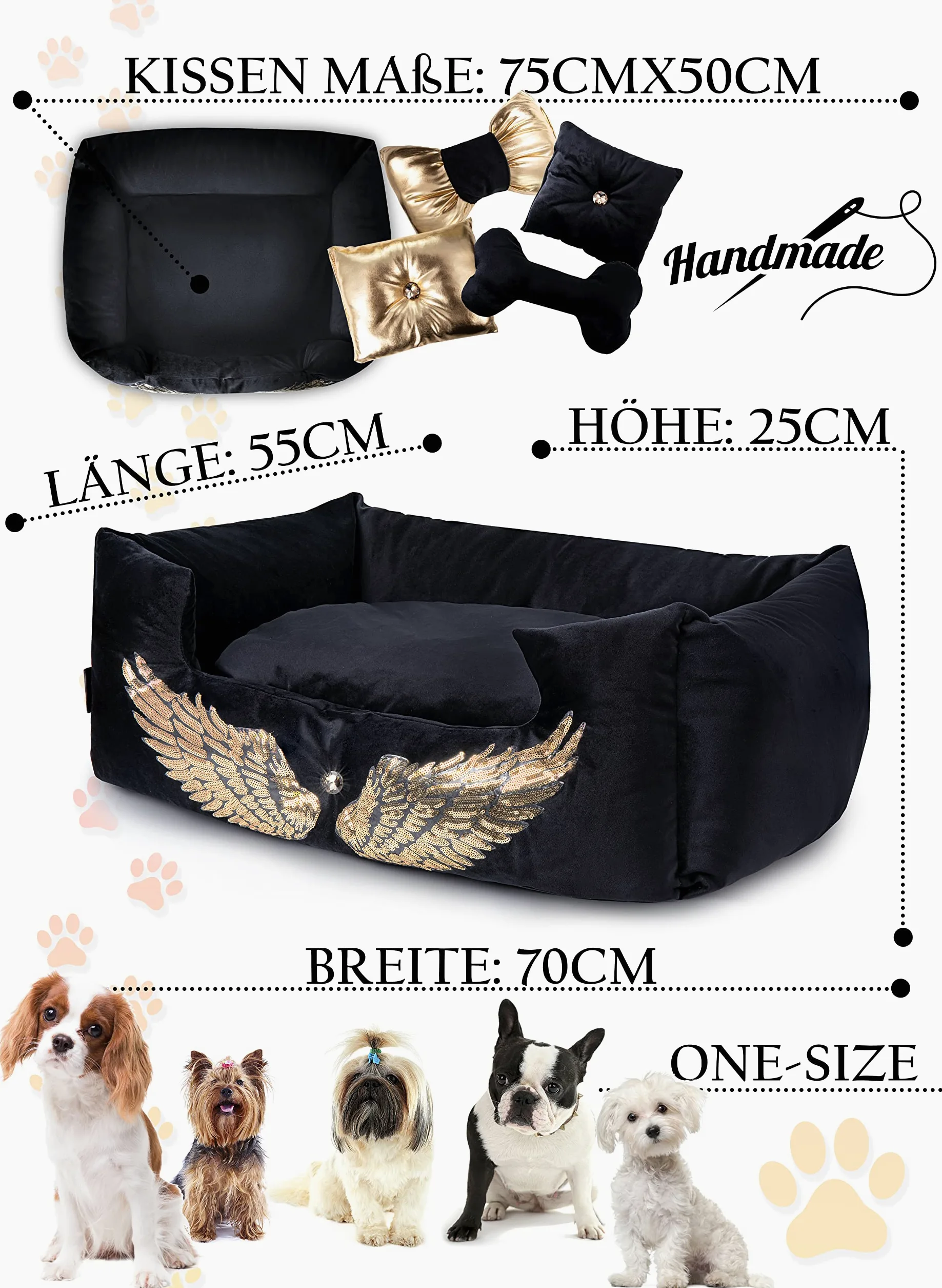 NELKE Lit pour chien, style glamour, canapé pour chien, noir avec ailes dorées, canapé de luxe pour chiens de petite et moyenne taille, coussin lavable