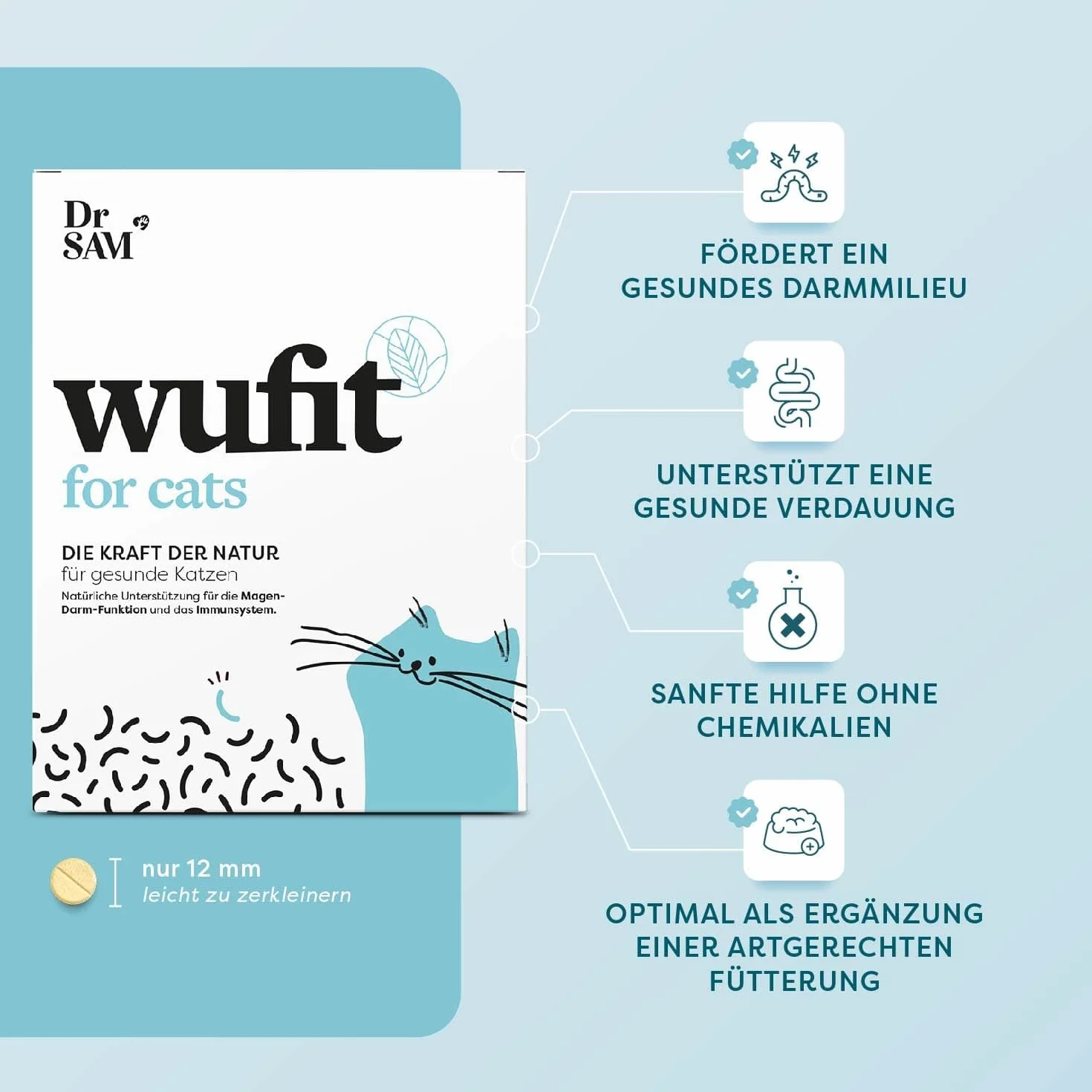 Dr. SAM wufit pour Chats à Base de Plantes - Paquet mensuel - Soutien Gastro-intestinal Naturel après Infestation de Vers (Moins de 5kg)