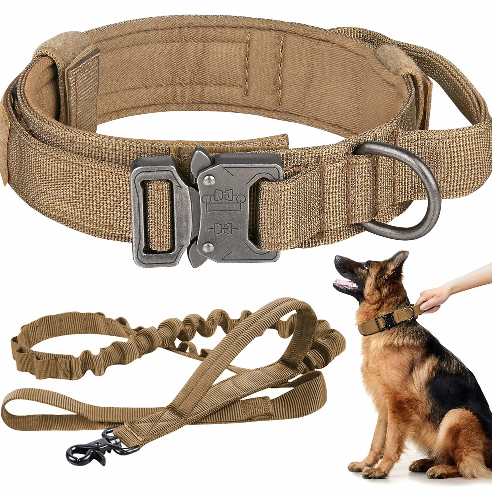 Tactique Collier et Laisse pour Chien réglable Nylon Militaire Boucle Métal Robuste Laisse élastique Dressage Taille XL Kaki