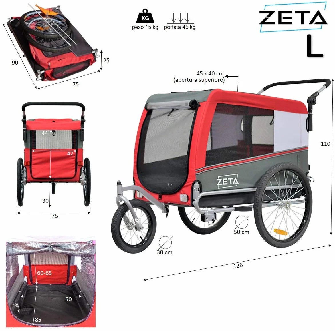 Remorque Vélo pour Animaux Zeta PAPILIOSHOP, Chariot Buggy Convertible en Poussette pour Chien, 3 Tailles