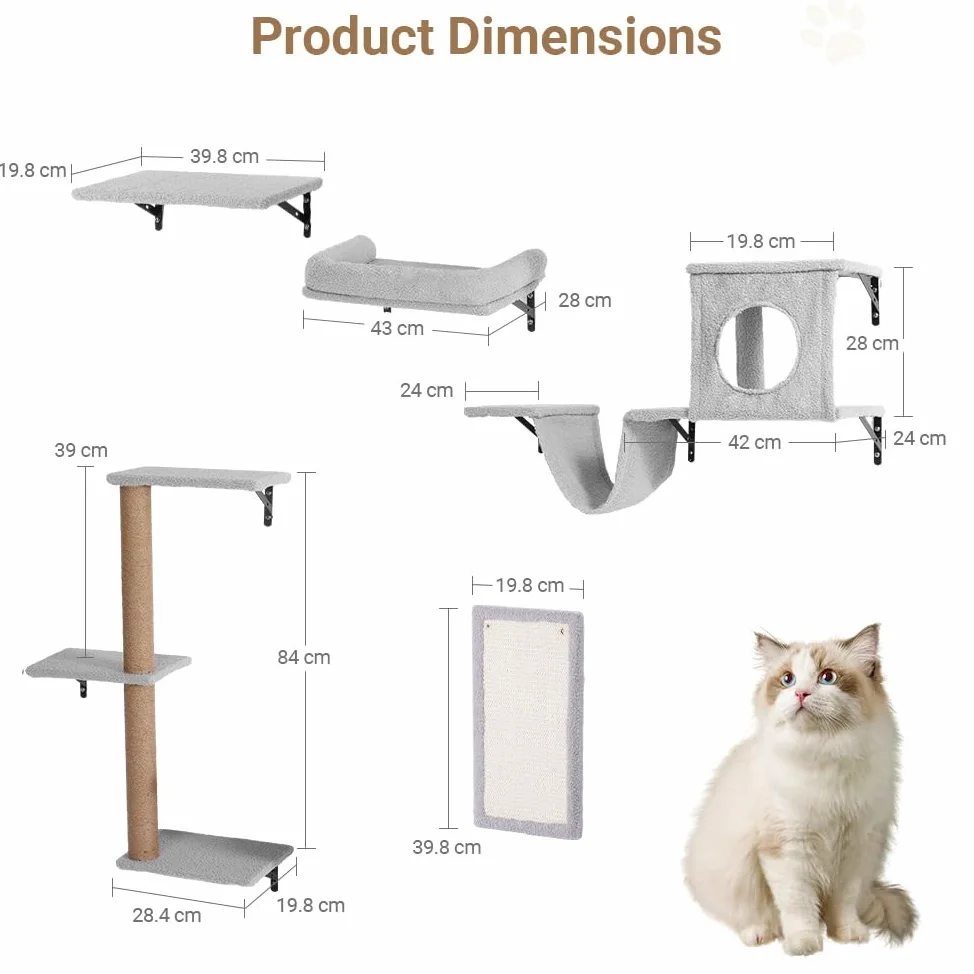 PawGiant Ensemble de mur d'escalade 5 en 1 pour chat, éléments muraux en bois, gris clair | Ensemble mural stable pour chat avec arbre à chat, planche à chat, niche, pont suspendu et repos, jusqu'à 18 kg