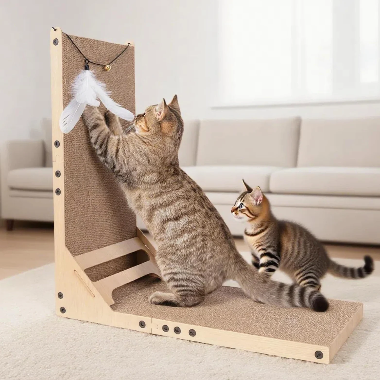 Pawtasy Griffoir pour chat avec balle - En forme de L - En carton durable - Pour chats d'intérieur - Montage mural - Très résistant - Utilisation double face