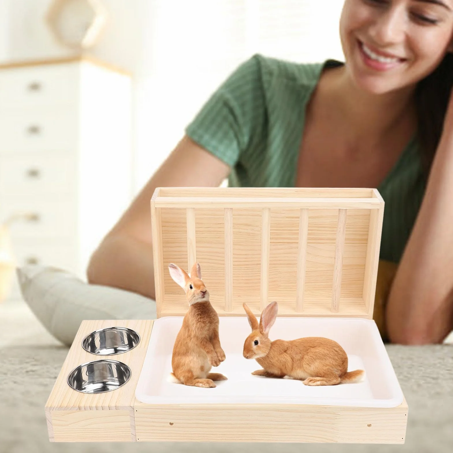 Grand Support en Bois pour Lapins avec 2 Bols, Mangeoire WC Litière Combo