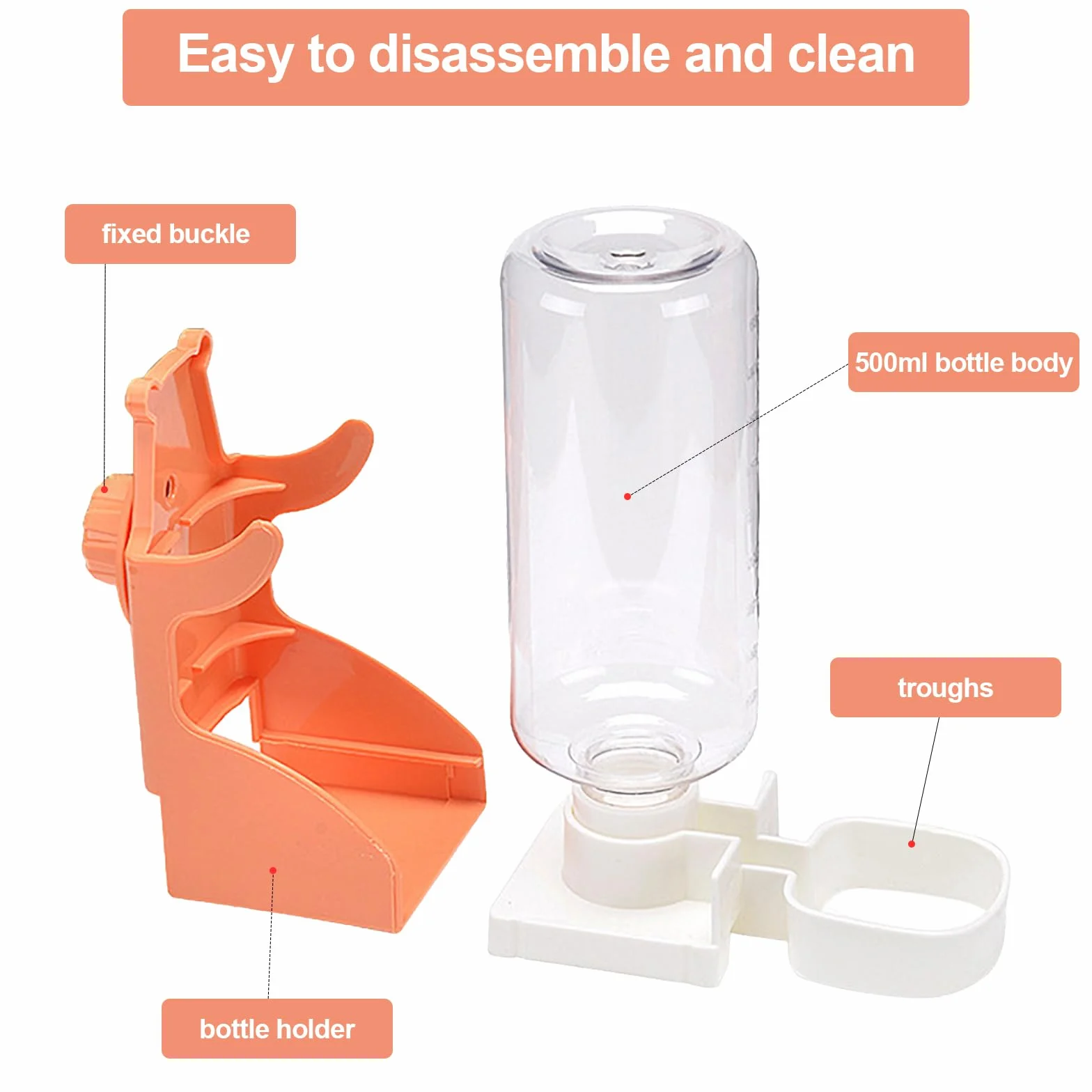 2 pièces de distributeur d'eau automatique pour lapins, 500 ml, bouteille de boisson suspendue pour lapins, cochons d'Inde, chinchillas, hérissons, furets, hamsters (Bleu, Orange)