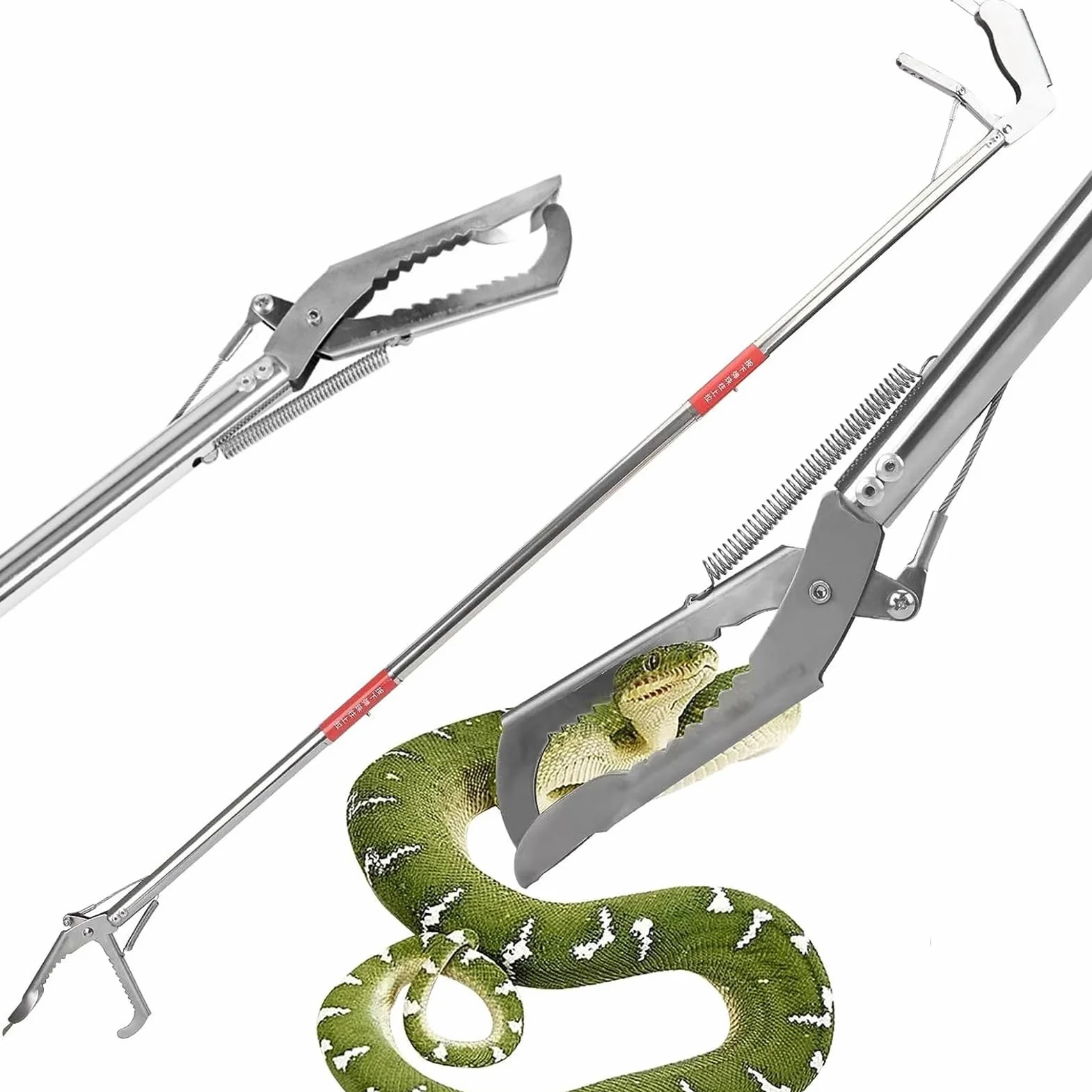 Attrape-serpent dentelé double face en acier inoxydable, pince à mâchoire large pour reptiles avec poignée antidérapante pour serpents, souris, serpents à sonnette, argent