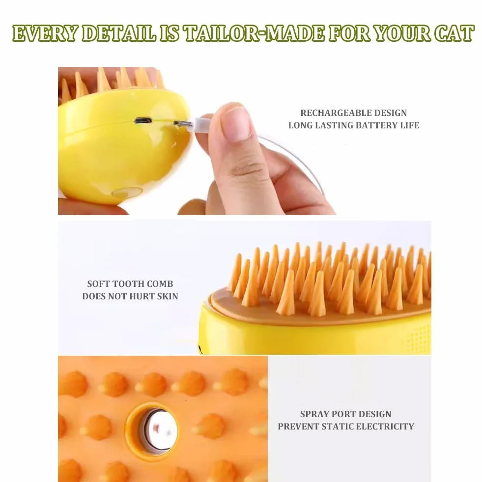 Cat Brush 3 In1 Self Cleaning Steam Cat Brush for Massage Tangled Hair Yellow