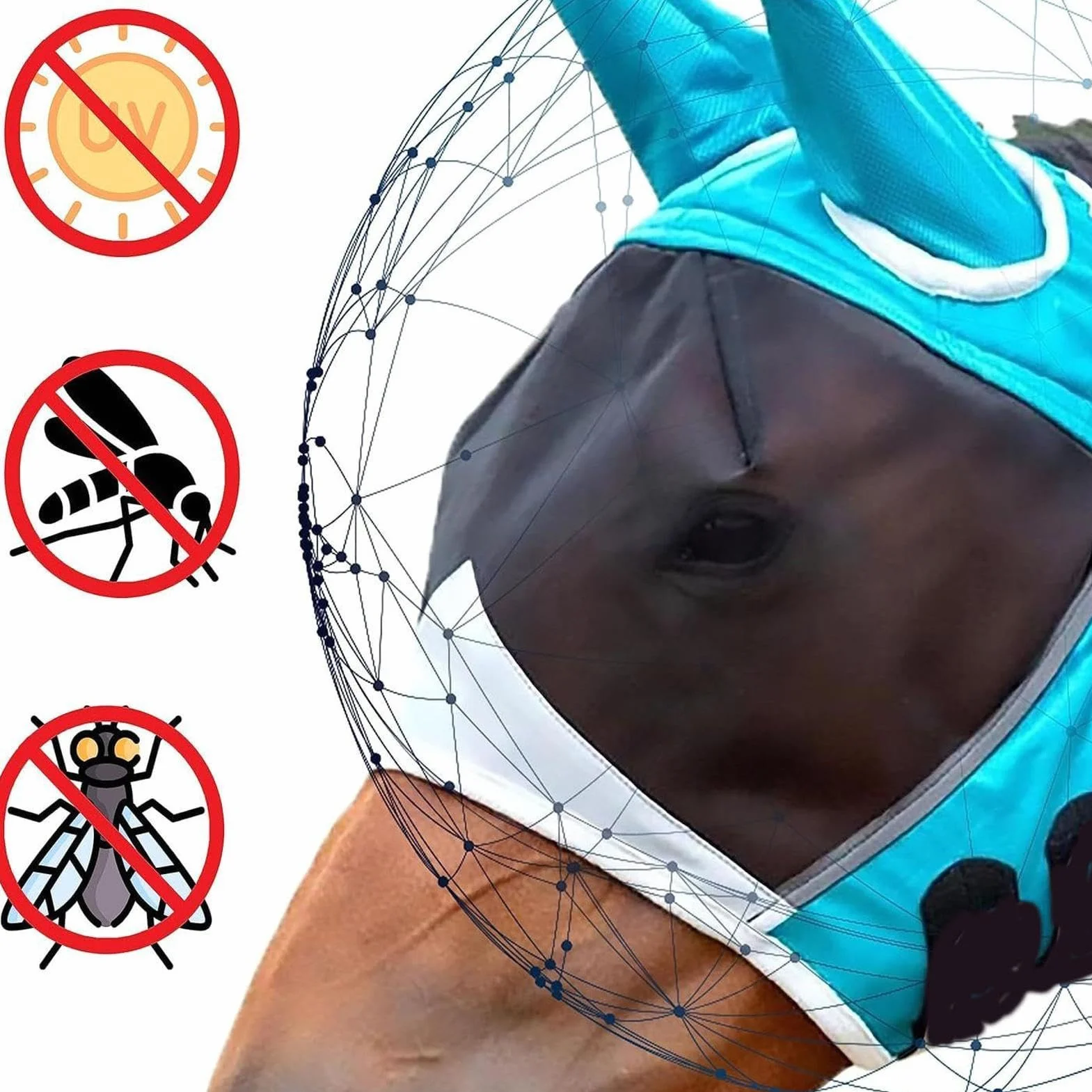 Masque Anti-Mouches pour Cheval, Tissu Respirant Protection UV, Couvre-tête Demi-Visage avec Oreilles et Bandeau élastique