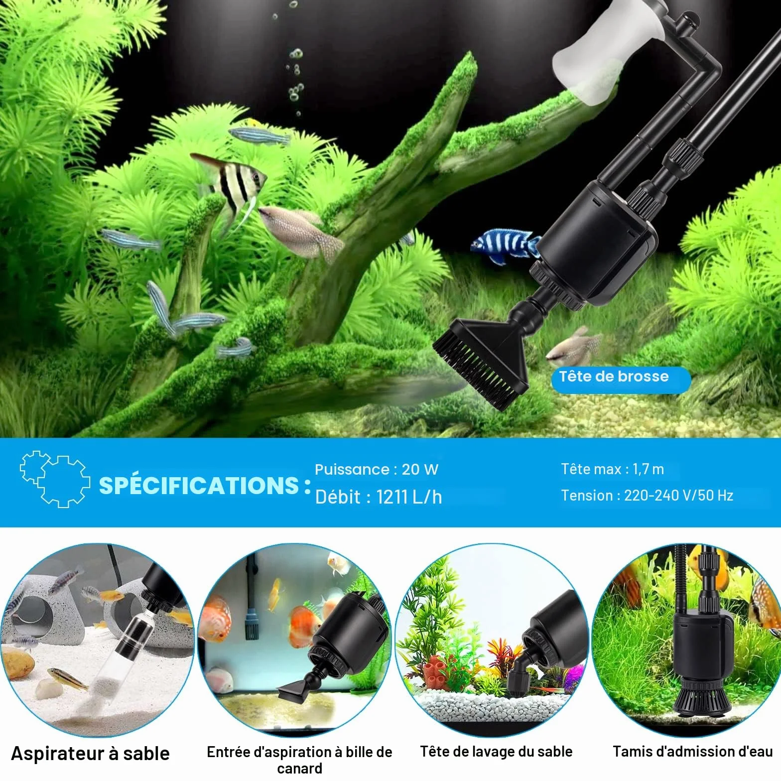 AQQA Nettoyeur électrique pour Aquarium,6en1Aspirateur Automatique pour Aquarium,Aspirateur de Gravier Électrique,Changeur d'eau Laveur