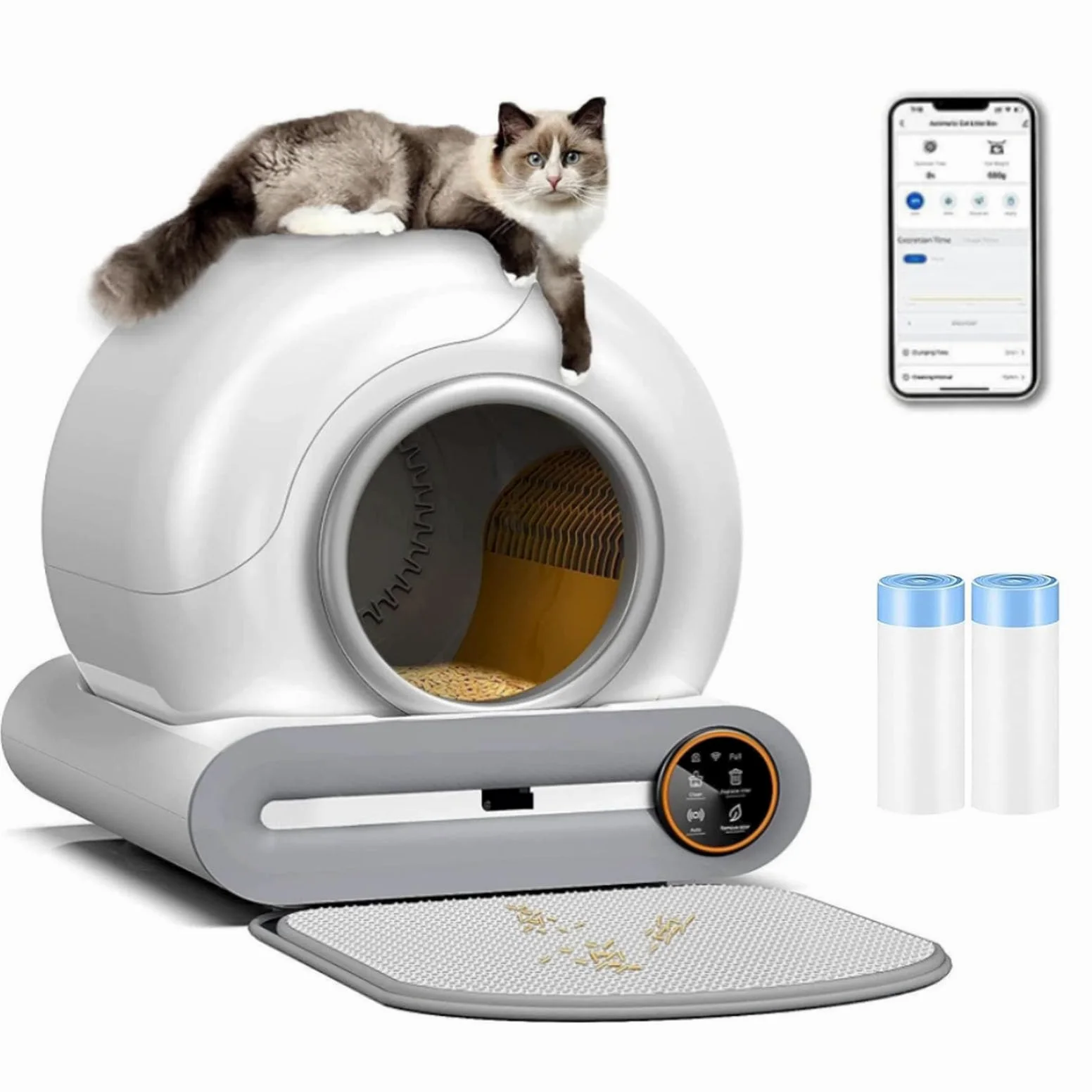Litière pour chat autonettoyante avec protection de sécurité pour chats et chats domestiques, taille XXL, isolation des odeurs et contrôle des applications avec tapis