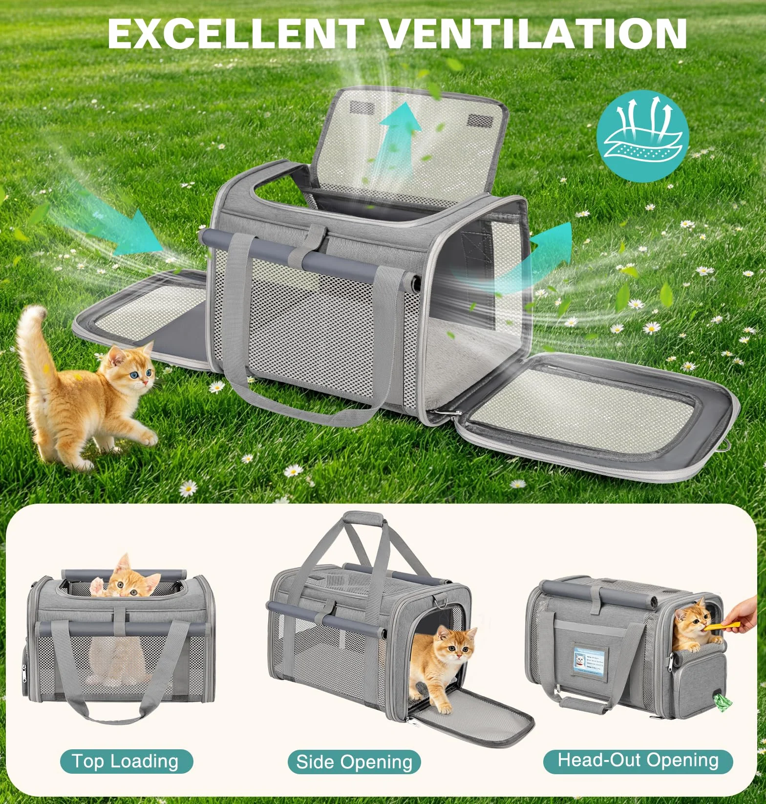 Sac Transport Chat Approuvé Aviation Sac Transport Chien Respirant et Pliable Caisse de Transport Chat avec Bandoulière Réglable Portable Cage Transport Chat avec Tapis Réversible (Gris)
