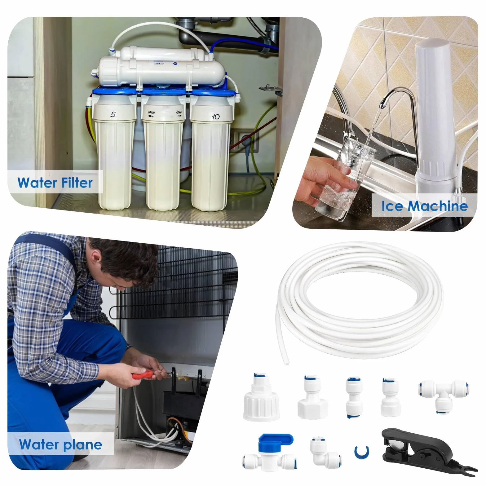 Kit de Raccordement D'eau pour Réfrigérateur de 15m, Tuyau D'alimentation en Eau Tube de Filtre Pièces et Accessoires, Matériau POM Tuyau Frigo Alimentation en eau pour Réfrigérateurs,Aquarium（1/4"）