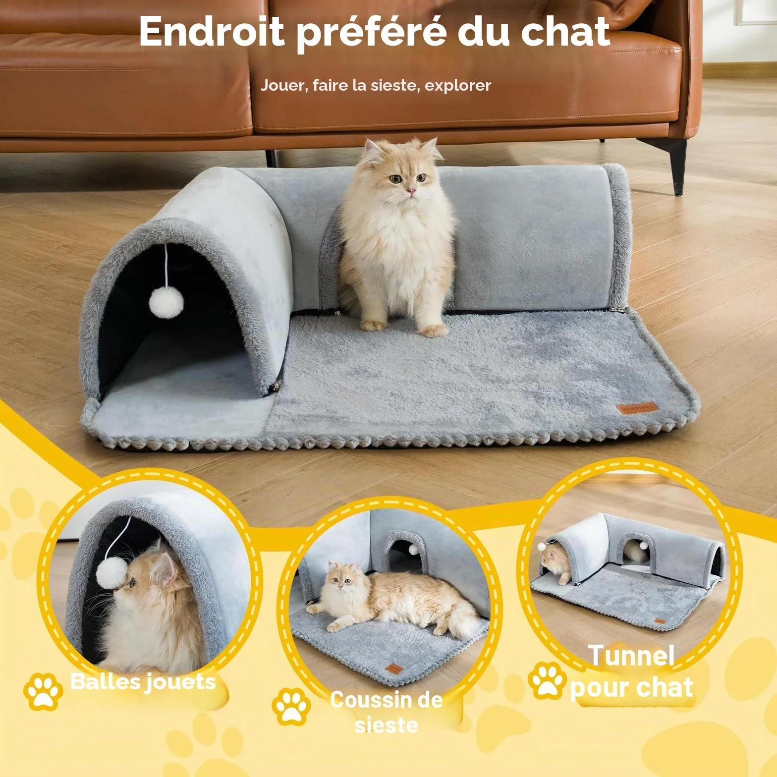 CATISM Lit Tunnel pour Chat à l'intérieur, Tube de Jeu Amovible pour Chaton, Tapis Lavable pour Chaton avec Jouets à balles