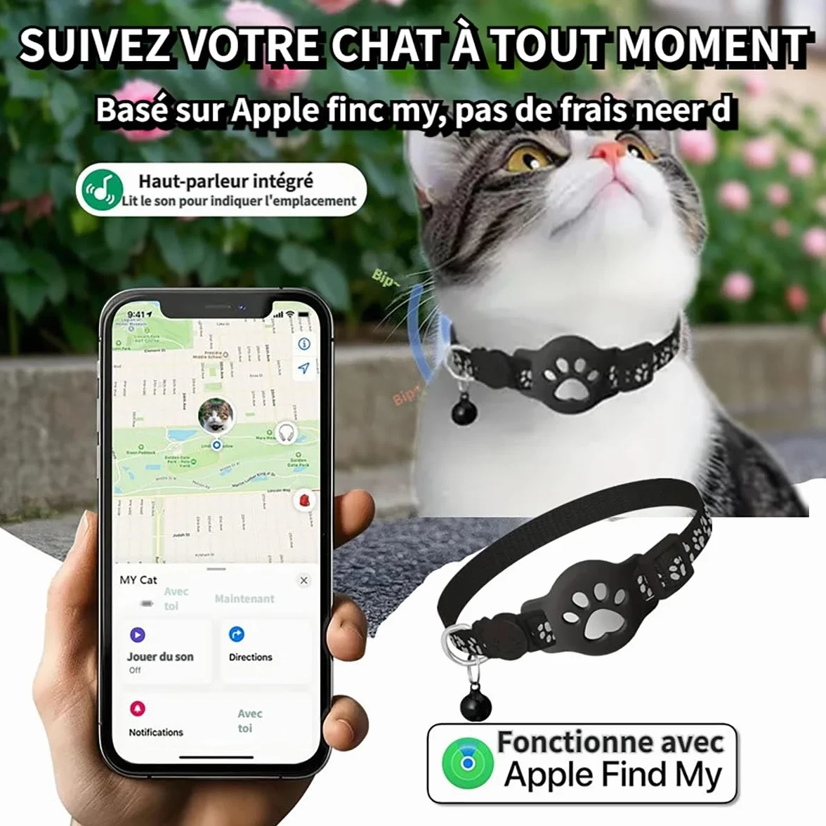 Collier GPS Chat Traceur sans Carte SIM Localisation Temps Réel Imperméable Noir