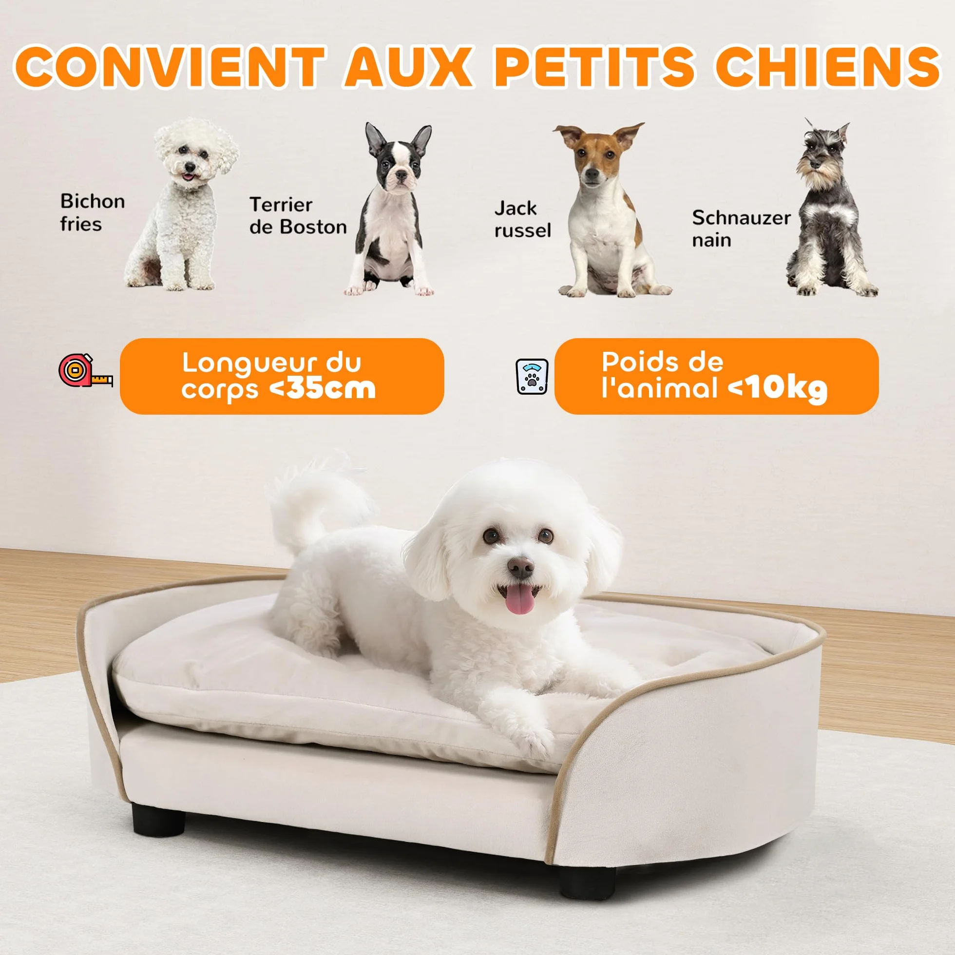 PawHut Canapé pour Chien avec Coussin Amovible et Housse Lavable, Velours, 66 x 43 x 19,5 cm, Beige