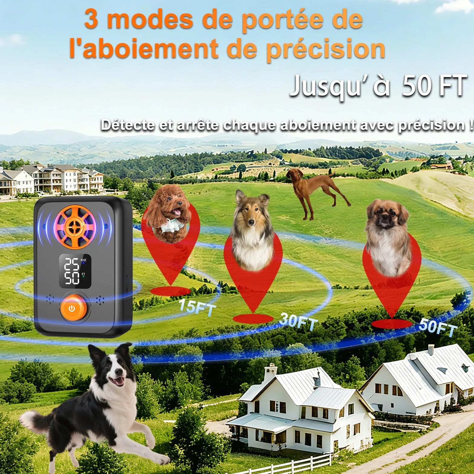 Appareil Anti-Aboiement Ultrasonique Chien 5 Fréquences Ajustables 3 Portées Intérieur/Extérieur